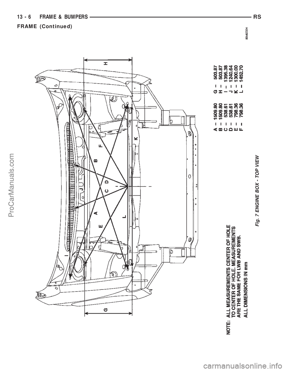 CHRYSLER TOWN AND COUNTRY 2002 Service Manual Fig. 7 ENGINE BOX - TOP VIEW
13 - 6 FRAME & BUMPERSRS
FRAME (Continued)
ProCarManuals.com CHRYSLER TOWN AND COUNTRY 2002 Service Manual Fig. 7 ENGINE BOX - TOP VIEW
13 - 6 FRAME & BUMPERSRS
FRAME (Continued)
ProCarManuals.com