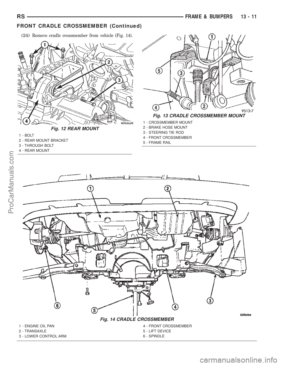 CHRYSLER TOWN AND COUNTRY 2002 Service Manual (24)Remove cradle crossmember from vehicle (Fig. 14).
Fig. 12 REAR MOUNT
1 - BOLT
2 - REAR MOUNT BRACKET
3 - THROUGH BOLT
4 - REAR MOUNT
Fig. 13 CRADLE CROSSMEMBER MOUNT
1 - CROSSMEMBER MOUNT
2 - BRAK CHRYSLER TOWN AND COUNTRY 2002 Service Manual (24)Remove cradle crossmember from vehicle (Fig. 14).
Fig. 12 REAR MOUNT
1 - BOLT
2 - REAR MOUNT BRACKET
3 - THROUGH BOLT
4 - REAR MOUNT
Fig. 13 CRADLE CROSSMEMBER MOUNT
1 - CROSSMEMBER MOUNT
2 - BRAK