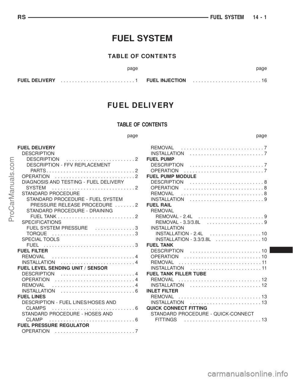 CHRYSLER TOWN AND COUNTRY 2002  Service Manual FUEL SYSTEM
TABLE OF CONTENTS
page page
FUEL DELIVERY..........................1FUEL INJECTION........................16
FUEL DELIVERY
TABLE OF CONTENTS
page page
FUEL DELIVERY
DESCRIPTION
DESCRIPTION