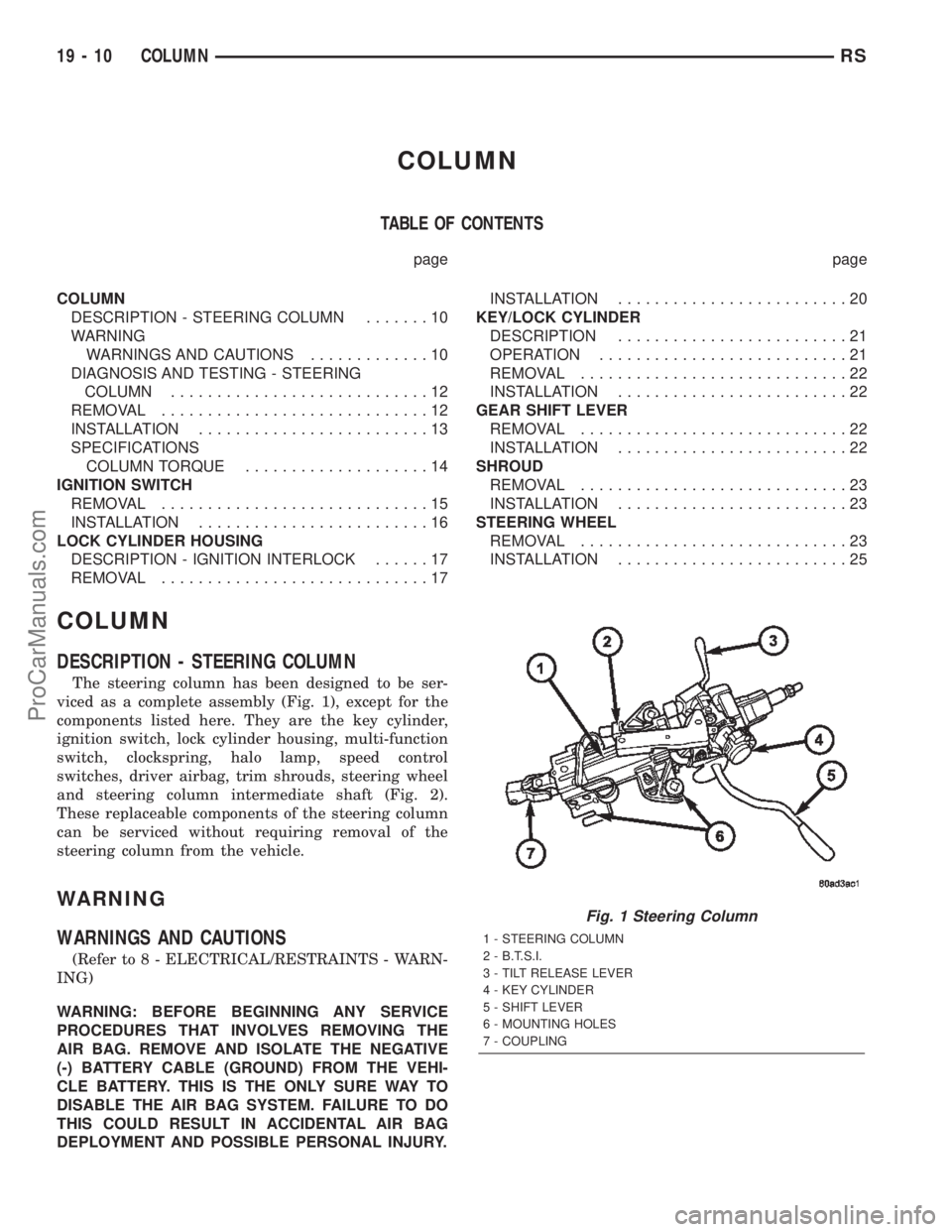 CHRYSLER TOWN AND COUNTRY 2002 Service Manual COLUMN
TABLE OF CONTENTS
page page
COLUMN
DESCRIPTION - STEERING COLUMN.......10
WARNING
WARNINGS AND CAUTIONS.............10
DIAGNOSIS AND TESTING - STEERING
COLUMN............................12
REMO CHRYSLER TOWN AND COUNTRY 2002 Service Manual COLUMN
TABLE OF CONTENTS
page page
COLUMN
DESCRIPTION - STEERING COLUMN.......10
WARNING
WARNINGS AND CAUTIONS.............10
DIAGNOSIS AND TESTING - STEERING
COLUMN............................12
REMO