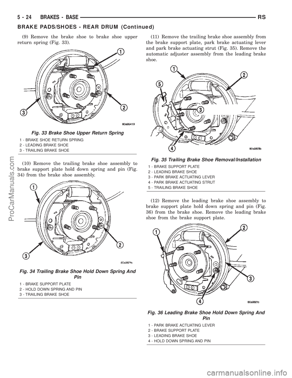 CHRYSLER TOWN AND COUNTRY 2002 Service Manual (9) Remove the brake shoe to brake shoe upper
return spring (Fig. 33).
(10) Remove the trailing brake shoe assembly to
brake support plate hold down spring and pin (Fig.
34) from the brake shoe assemb CHRYSLER TOWN AND COUNTRY 2002 Service Manual (9) Remove the brake shoe to brake shoe upper
return spring (Fig. 33).
(10) Remove the trailing brake shoe assembly to
brake support plate hold down spring and pin (Fig.
34) from the brake shoe assemb