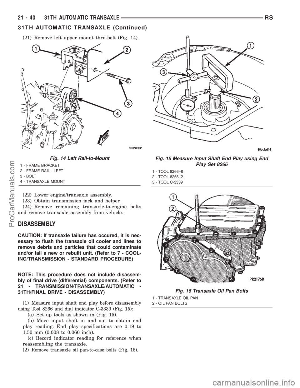 CHRYSLER TOWN AND COUNTRY 2002 Service Manual (21) Remove left upper mount thru-bolt (Fig. 14).
(22) Lower engine/transaxle assembly.
(23) Obtain transmission jack and helper.
(24) Remove remaining transaxle-to-engine bolts
and remove transaxle a CHRYSLER TOWN AND COUNTRY 2002 Service Manual (21) Remove left upper mount thru-bolt (Fig. 14).
(22) Lower engine/transaxle assembly.
(23) Obtain transmission jack and helper.
(24) Remove remaining transaxle-to-engine bolts
and remove transaxle a