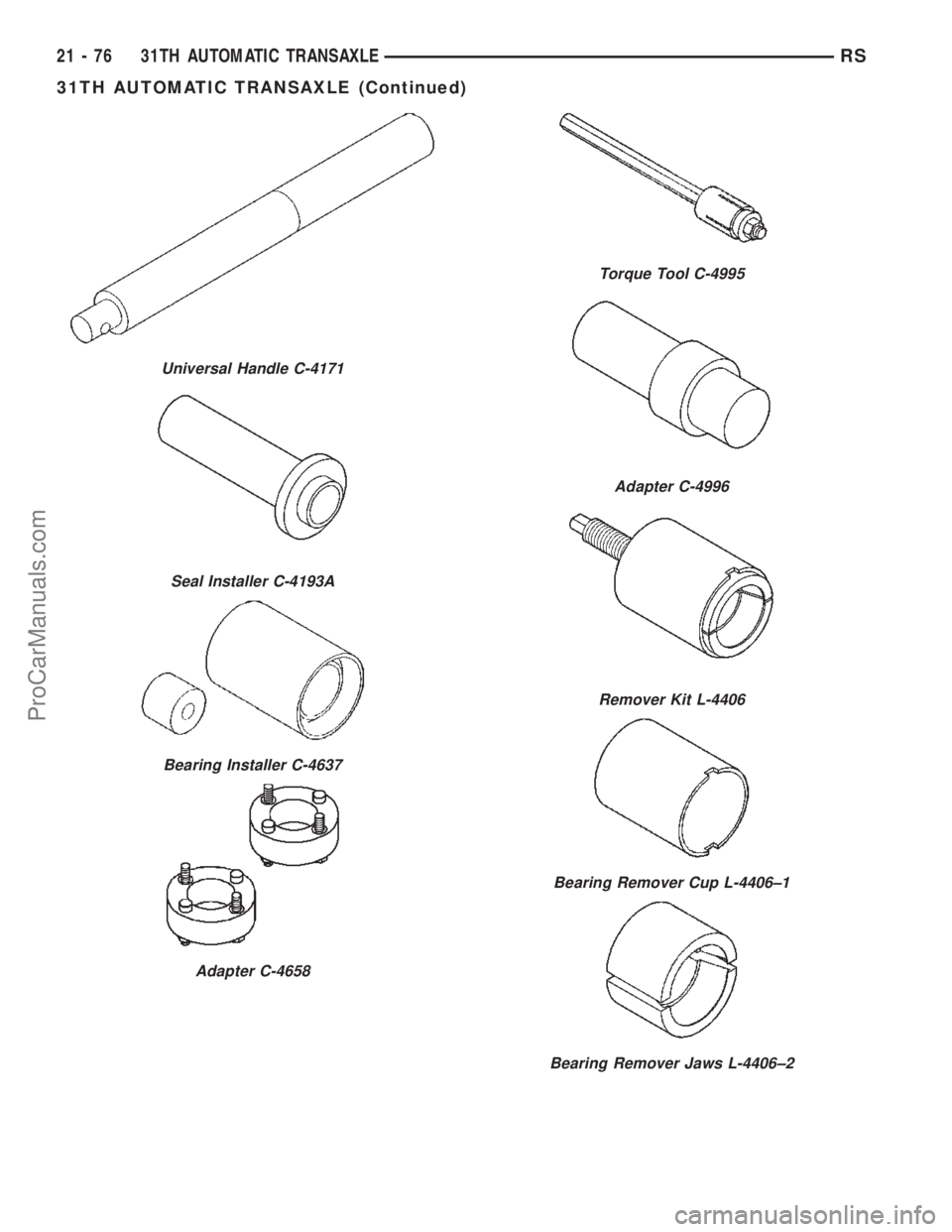 CHRYSLER TOWN AND COUNTRY 2002 Service Manual Universal Handle C-4171
Seal Installer C-4193A
Bearing Installer C-4637
Adapter C-4658
Torque Tool C-4995
Adapter C-4996
Remover Kit L-4406
Bearing Remover Cup L-4406±1
Bearing Remover Jaws L-4406±2 CHRYSLER TOWN AND COUNTRY 2002 Service Manual Universal Handle C-4171
Seal Installer C-4193A
Bearing Installer C-4637
Adapter C-4658
Torque Tool C-4995
Adapter C-4996
Remover Kit L-4406
Bearing Remover Cup L-4406±1
Bearing Remover Jaws L-4406±2