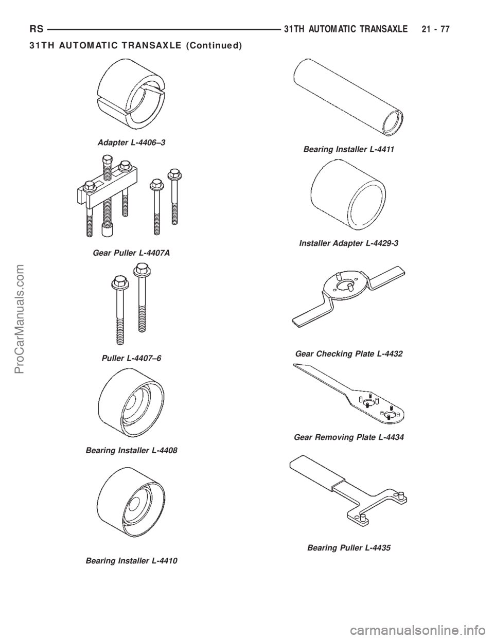 CHRYSLER TOWN AND COUNTRY 2002 Service Manual Adapter L-4406±3
Gear Puller L-4407A
Puller L-4407±6
Bearing Installer L-4408
Bearing Installer L-4410
Bearing Installer L-4411
Installer Adapter L-4429-3
Gear Checking Plate L-4432
Gear Removing Pl CHRYSLER TOWN AND COUNTRY 2002 Service Manual Adapter L-4406±3
Gear Puller L-4407A
Puller L-4407±6
Bearing Installer L-4408
Bearing Installer L-4410
Bearing Installer L-4411
Installer Adapter L-4429-3
Gear Checking Plate L-4432
Gear Removing Pl