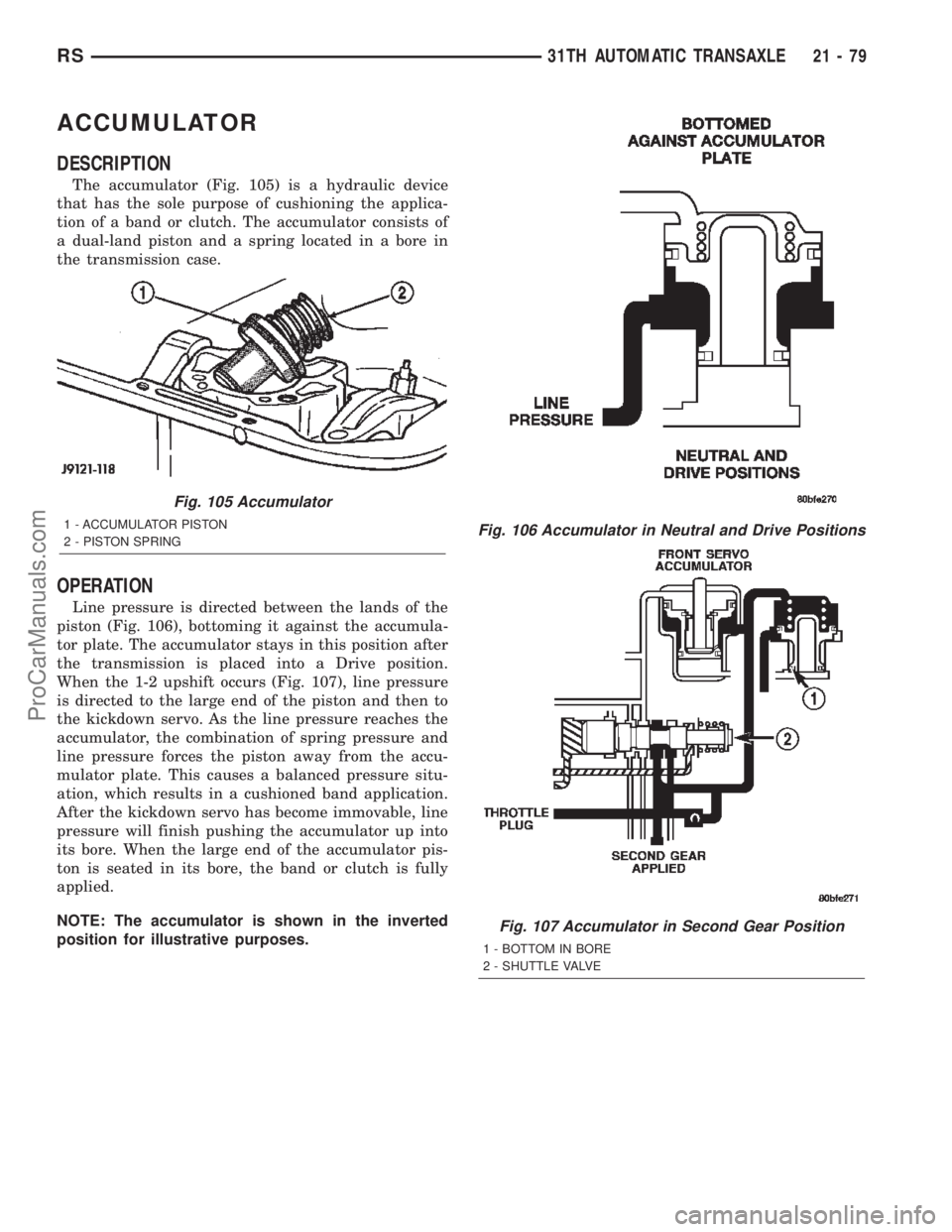 CHRYSLER TOWN AND COUNTRY 2002 Service Manual ACCUMULATOR
DESCRIPTION
The accumulator (Fig. 105) is a hydraulic device
that has the sole purpose of cushioning the applica-
tion of a band or clutch. The accumulator consists of
a dual-land piston a CHRYSLER TOWN AND COUNTRY 2002 Service Manual ACCUMULATOR
DESCRIPTION
The accumulator (Fig. 105) is a hydraulic device
that has the sole purpose of cushioning the applica-
tion of a band or clutch. The accumulator consists of
a dual-land piston a