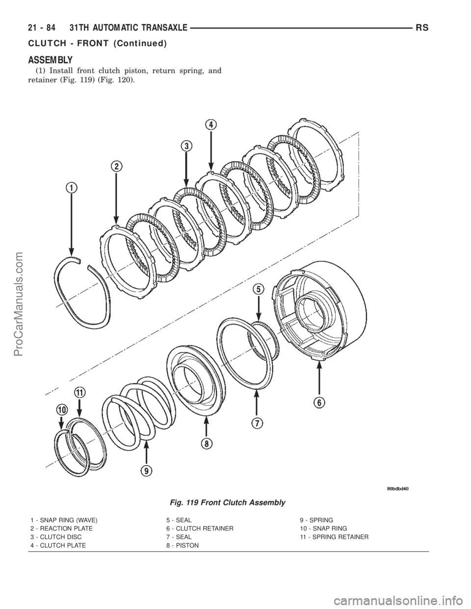 CHRYSLER TOWN AND COUNTRY 2002 Service Manual ASSEMBLY
(1) Install front clutch piston, return spring, and
retainer (Fig. 119) (Fig. 120).
Fig. 119 Front Clutch Assembly
1 - SNAP RING (WAVE) 5 - SEAL 9 - SPRING
2 - REACTION PLATE 6 - CLUTCH RETAI CHRYSLER TOWN AND COUNTRY 2002 Service Manual ASSEMBLY
(1) Install front clutch piston, return spring, and
retainer (Fig. 119) (Fig. 120).
Fig. 119 Front Clutch Assembly
1 - SNAP RING (WAVE) 5 - SEAL 9 - SPRING
2 - REACTION PLATE 6 - CLUTCH RETAI