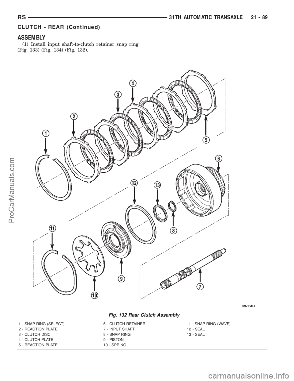 CHRYSLER TOWN AND COUNTRY 2002 Service Manual ASSEMBLY
(1) Install input shaft-to-clutch retainer snap ring
(Fig. 133) (Fig. 134) (Fig. 132).
Fig. 132 Rear Clutch Assembly
1 - SNAP RING (SELECT) 6 - CLUTCH RETAINER 11 - SNAP RING (WAVE)
2 - REACT CHRYSLER TOWN AND COUNTRY 2002 Service Manual ASSEMBLY
(1) Install input shaft-to-clutch retainer snap ring
(Fig. 133) (Fig. 134) (Fig. 132).
Fig. 132 Rear Clutch Assembly
1 - SNAP RING (SELECT) 6 - CLUTCH RETAINER 11 - SNAP RING (WAVE)
2 - REACT