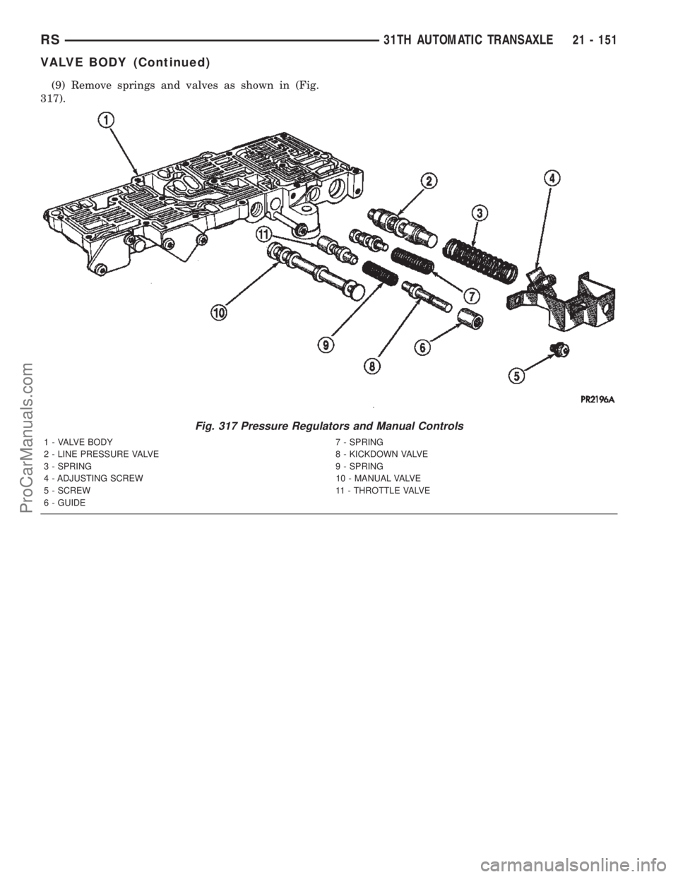 CHRYSLER TOWN AND COUNTRY 2002 Service Manual (9) Remove springs and valves as shown in (Fig.
317).
Fig. 317 Pressure Regulators and Manual Controls
1 - VALVE BODY 7 - SPRING
2 - LINE PRESSURE VALVE 8 - KICKDOWN VALVE
3 - SPRING 9 - SPRING
4 - AD CHRYSLER TOWN AND COUNTRY 2002 Service Manual (9) Remove springs and valves as shown in (Fig.
317).
Fig. 317 Pressure Regulators and Manual Controls
1 - VALVE BODY 7 - SPRING
2 - LINE PRESSURE VALVE 8 - KICKDOWN VALVE
3 - SPRING 9 - SPRING
4 - AD