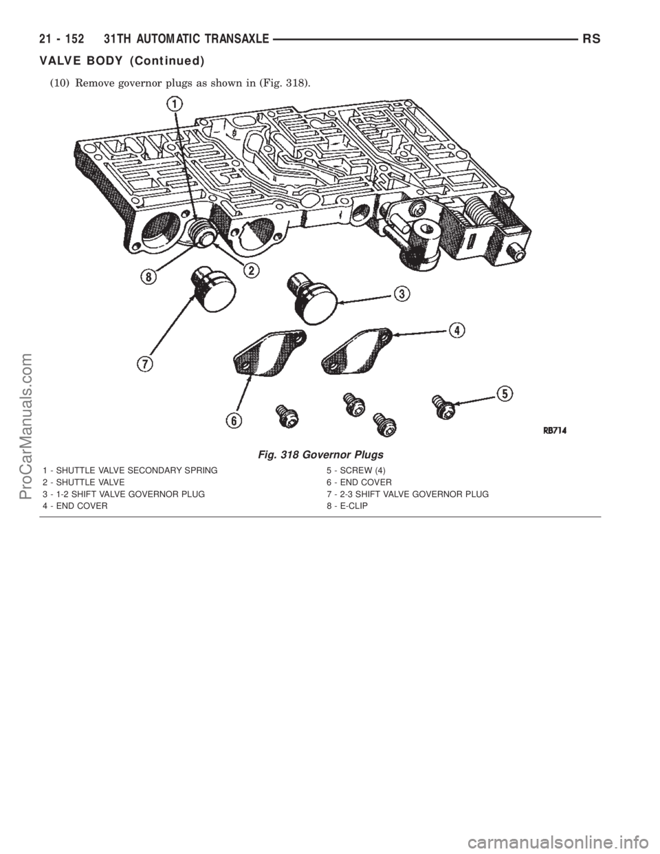 CHRYSLER TOWN AND COUNTRY 2002 Service Manual (10) Remove governor plugs as shown in (Fig. 318).
Fig. 318 Governor Plugs
1 - SHUTTLE VALVE SECONDARY SPRING 5 - SCREW (4)
2 - SHUTTLE VALVE 6 - END COVER
3 - 1-2 SHIFT VALVE GOVERNOR PLUG 7 - 2-3 SH CHRYSLER TOWN AND COUNTRY 2002 Service Manual (10) Remove governor plugs as shown in (Fig. 318).
Fig. 318 Governor Plugs
1 - SHUTTLE VALVE SECONDARY SPRING 5 - SCREW (4)
2 - SHUTTLE VALVE 6 - END COVER
3 - 1-2 SHIFT VALVE GOVERNOR PLUG 7 - 2-3 SH