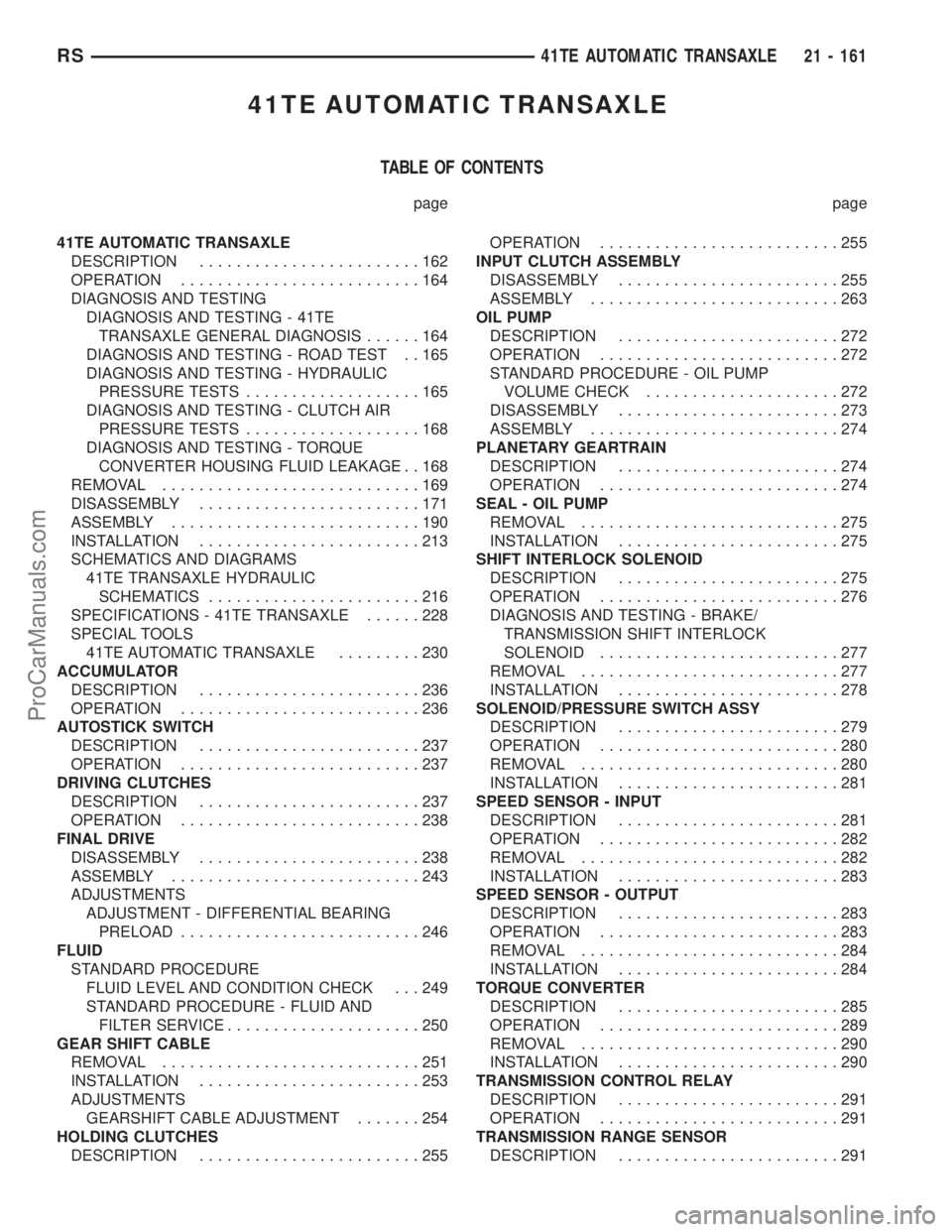 CHRYSLER TOWN AND COUNTRY 2002 Manual PDF 41TE AUTOMATIC TRANSAXLE
TABLE OF CONTENTS
page page
41TE AUTOMATIC TRANSAXLE
DESCRIPTION........................162
OPERATION..........................164
DIAGNOSIS AND TESTING
DIAGNOSIS AND TESTING CHRYSLER TOWN AND COUNTRY 2002 Manual PDF 41TE AUTOMATIC TRANSAXLE
TABLE OF CONTENTS
page page
41TE AUTOMATIC TRANSAXLE
DESCRIPTION........................162
OPERATION..........................164
DIAGNOSIS AND TESTING
DIAGNOSIS AND TESTING