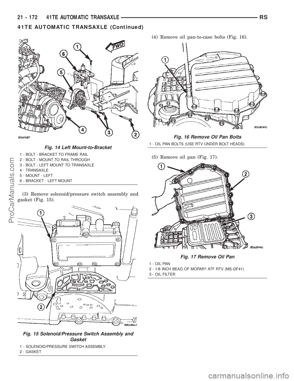 CHRYSLER TOWN AND COUNTRY 2002 Service Manual (3) Remove solenoid/pressure switch assembly and
gasket (Fig. 15).(4) Remove oil pan-to-case bolts (Fig. 16).
(5) Remove oil pan (Fig. 17).
Fig. 14 Left Mount-to-Bracket
1 - BOLT - BRACKET TO FRAME RA CHRYSLER TOWN AND COUNTRY 2002 Service Manual (3) Remove solenoid/pressure switch assembly and
gasket (Fig. 15).(4) Remove oil pan-to-case bolts (Fig. 16).
(5) Remove oil pan (Fig. 17).
Fig. 14 Left Mount-to-Bracket
1 - BOLT - BRACKET TO FRAME RA