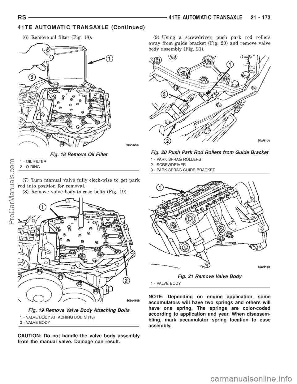 CHRYSLER TOWN AND COUNTRY 2002 Service Manual (6) Remove oil filter (Fig. 18).
(7) Turn manual valve fully clock-wise to get park
rod into position for removal.
(8) Remove valve body-to-case bolts (Fig. 19).
CAUTION: Do not handle the valve body CHRYSLER TOWN AND COUNTRY 2002 Service Manual (6) Remove oil filter (Fig. 18).
(7) Turn manual valve fully clock-wise to get park
rod into position for removal.
(8) Remove valve body-to-case bolts (Fig. 19).
CAUTION: Do not handle the valve body