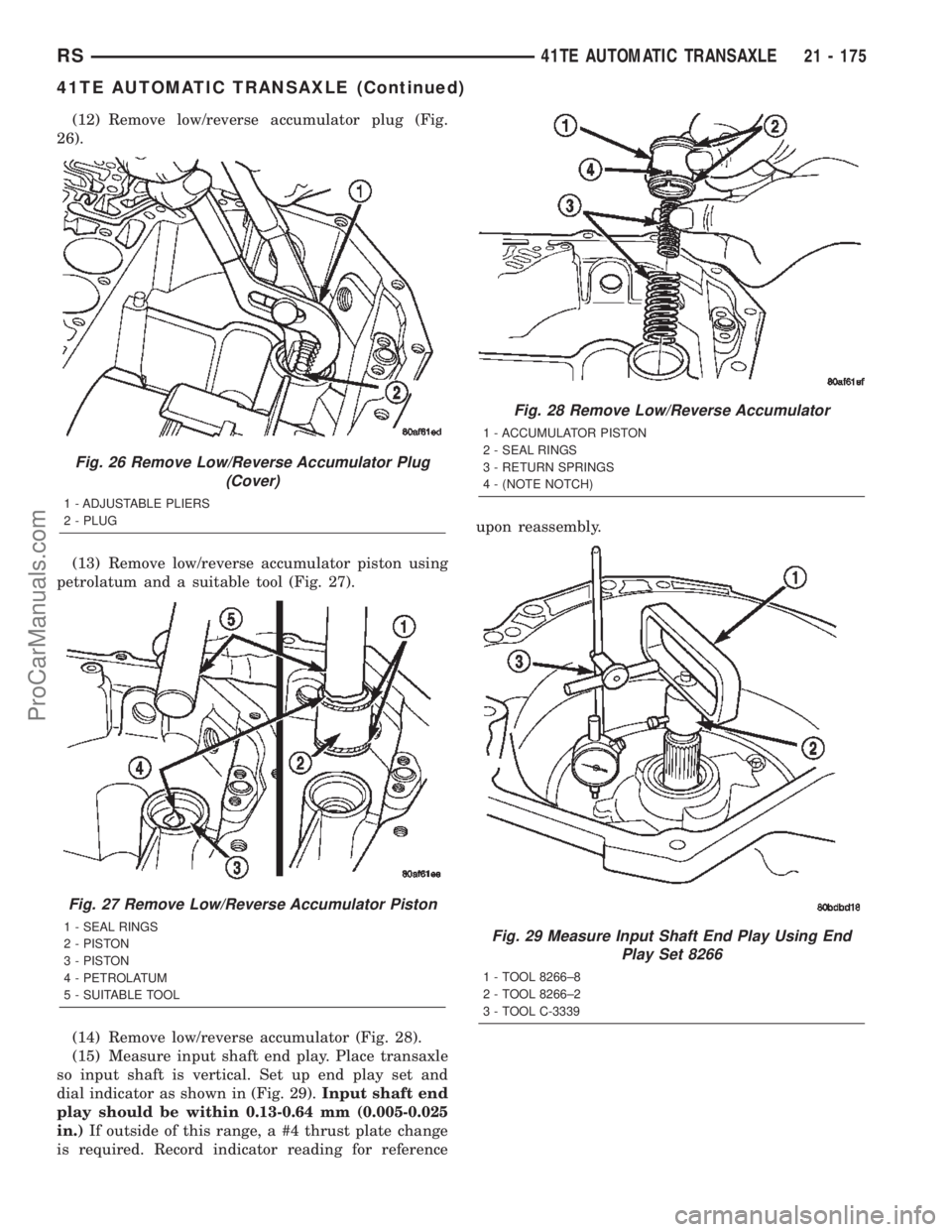 CHRYSLER TOWN AND COUNTRY 2002 Service Manual (12) Remove low/reverse accumulator plug (Fig.
26).
(13) Remove low/reverse accumulator piston using
petrolatum and a suitable tool (Fig. 27).
(14) Remove low/reverse accumulator (Fig. 28).
(15) Measu CHRYSLER TOWN AND COUNTRY 2002 Service Manual (12) Remove low/reverse accumulator plug (Fig.
26).
(13) Remove low/reverse accumulator piston using
petrolatum and a suitable tool (Fig. 27).
(14) Remove low/reverse accumulator (Fig. 28).
(15) Measu