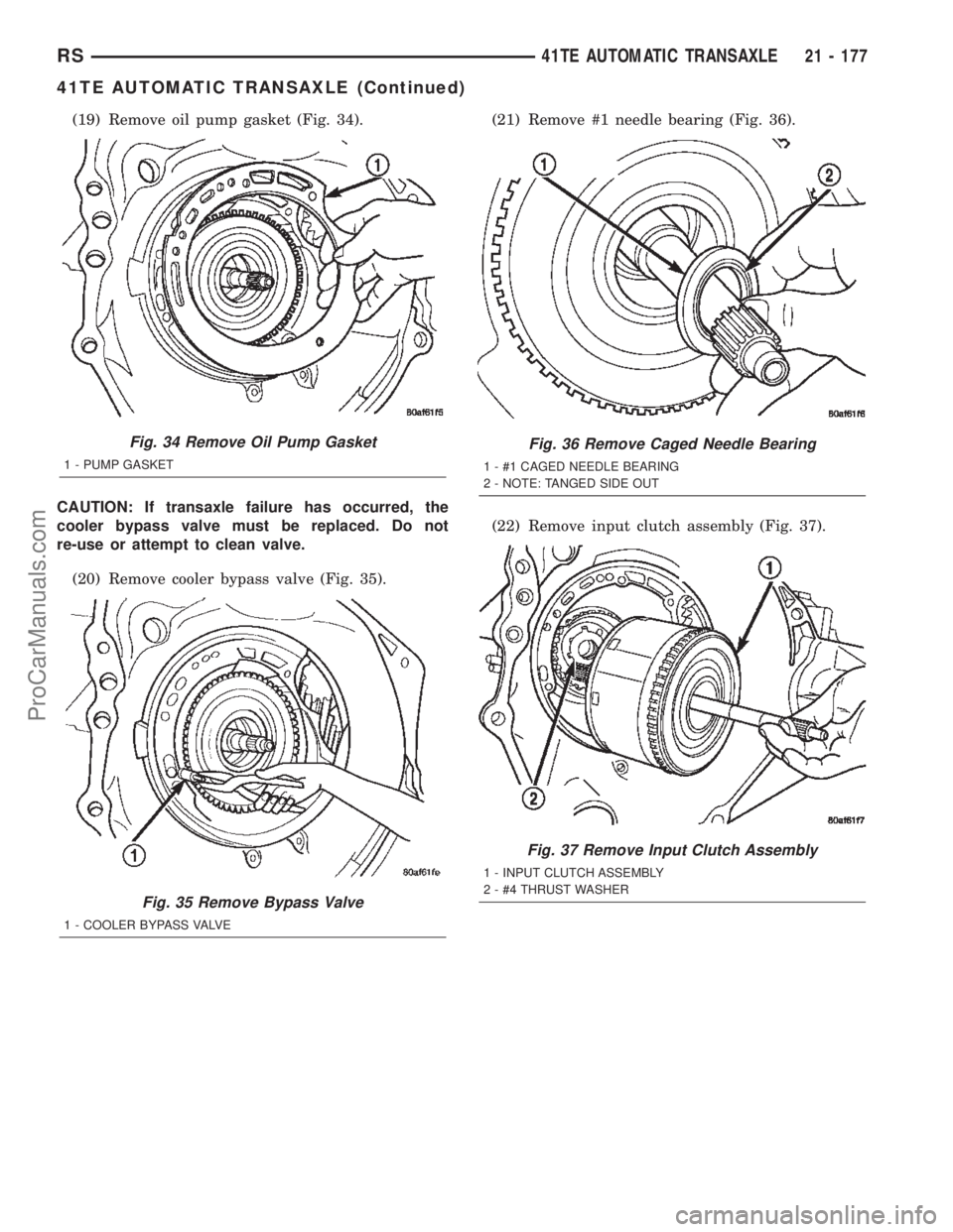 CHRYSLER TOWN AND COUNTRY 2002 Service Manual (19) Remove oil pump gasket (Fig. 34).
CAUTION: If transaxle failure has occurred, the
cooler bypass valve must be replaced. Do not
re-use or attempt to clean valve.
(20) Remove cooler bypass valve (F CHRYSLER TOWN AND COUNTRY 2002 Service Manual (19) Remove oil pump gasket (Fig. 34).
CAUTION: If transaxle failure has occurred, the
cooler bypass valve must be replaced. Do not
re-use or attempt to clean valve.
(20) Remove cooler bypass valve (F
