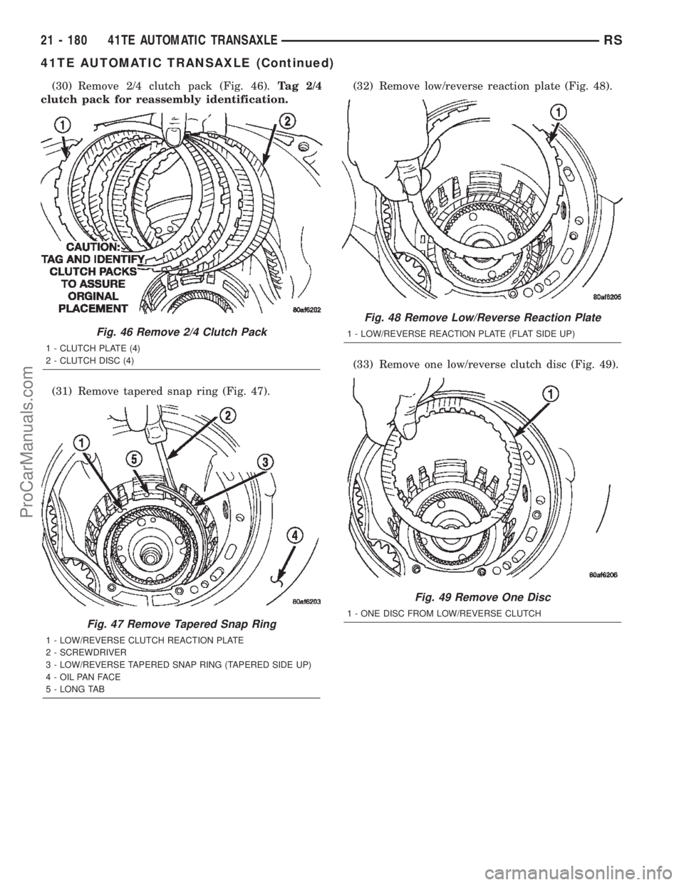 CHRYSLER TOWN AND COUNTRY 2002 Service Manual (30) Remove 2/4 clutch pack (Fig. 46).Tag 2/4
clutch pack for reassembly identification.
(31) Remove tapered snap ring (Fig. 47).(32) Remove low/reverse reaction plate (Fig. 48).
(33) Remove one low/r CHRYSLER TOWN AND COUNTRY 2002 Service Manual (30) Remove 2/4 clutch pack (Fig. 46).Tag 2/4
clutch pack for reassembly identification.
(31) Remove tapered snap ring (Fig. 47).(32) Remove low/reverse reaction plate (Fig. 48).
(33) Remove one low/r