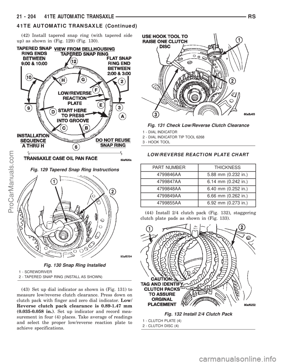 CHRYSLER TOWN AND COUNTRY 2002 Service Manual (42) Install tapered snap ring (with tapered side
up) as shown in (Fig. 129) (Fig. 130).
(43) Set up dial indicator as shown in (Fig. 131) to
measure low/reverse clutch clearance. Press down on
clutch CHRYSLER TOWN AND COUNTRY 2002 Service Manual (42) Install tapered snap ring (with tapered side
up) as shown in (Fig. 129) (Fig. 130).
(43) Set up dial indicator as shown in (Fig. 131) to
measure low/reverse clutch clearance. Press down on
clutch