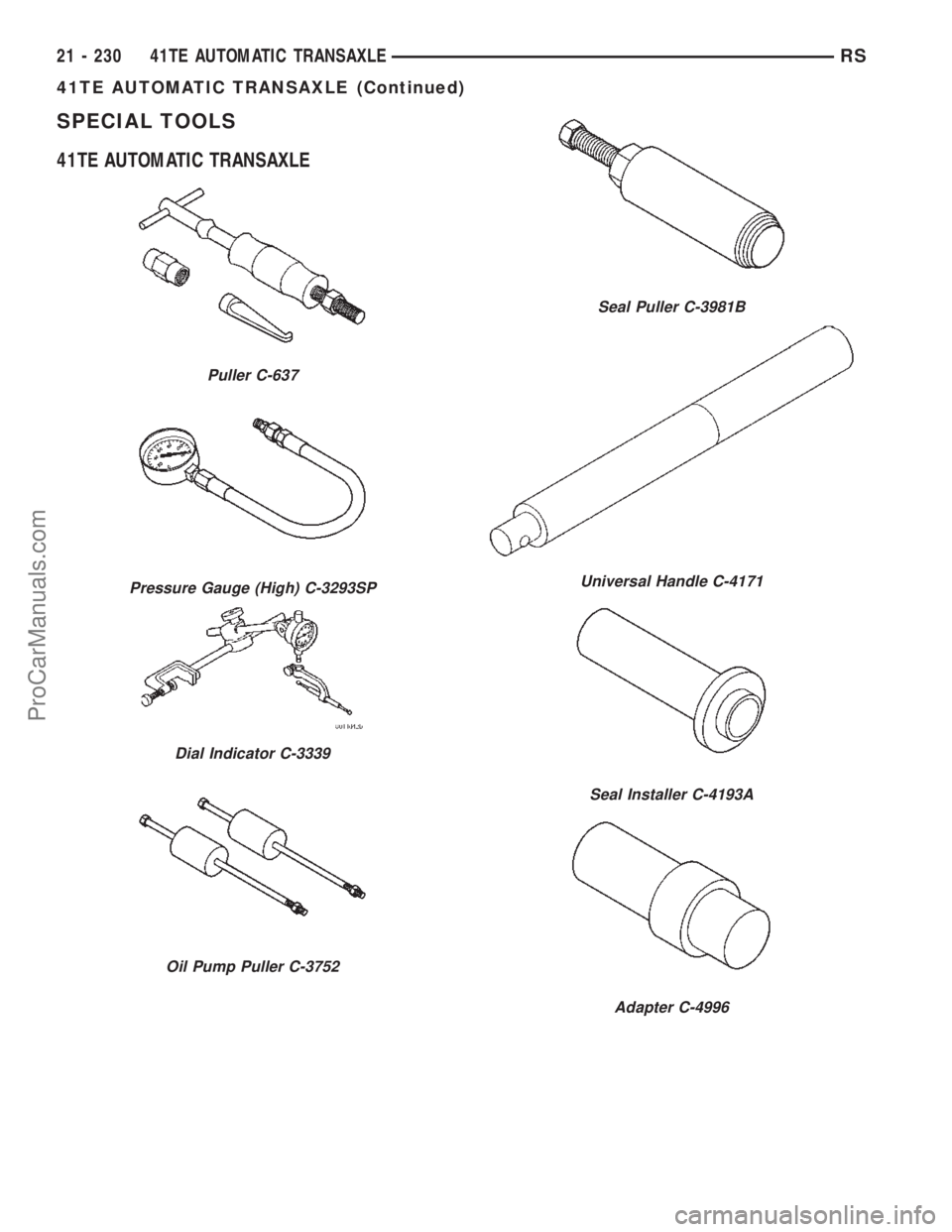CHRYSLER TOWN AND COUNTRY 2002  Service Manual SPECIAL TOOLS
41TE AUTOMATIC TRANSAXLE
Puller C-637
Pressure Gauge (High) C-3293SP
Dial Indicator C-3339
Oil Pump Puller C-3752
Seal Puller C-3981B
Universal Handle C-4171
Seal Installer C-4193A
Adapt