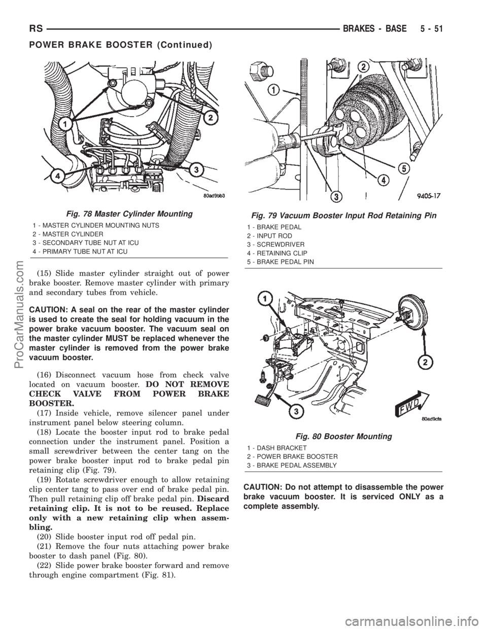 CHRYSLER TOWN AND COUNTRY 2002 Service Manual (15) Slide master cylinder straight out of power
brake booster. Remove master cylinder with primary
and secondary tubes from vehicle.
CAUTION: A seal on the rear of the master cylinder
is used to crea CHRYSLER TOWN AND COUNTRY 2002 Service Manual (15) Slide master cylinder straight out of power
brake booster. Remove master cylinder with primary
and secondary tubes from vehicle.
CAUTION: A seal on the rear of the master cylinder
is used to crea