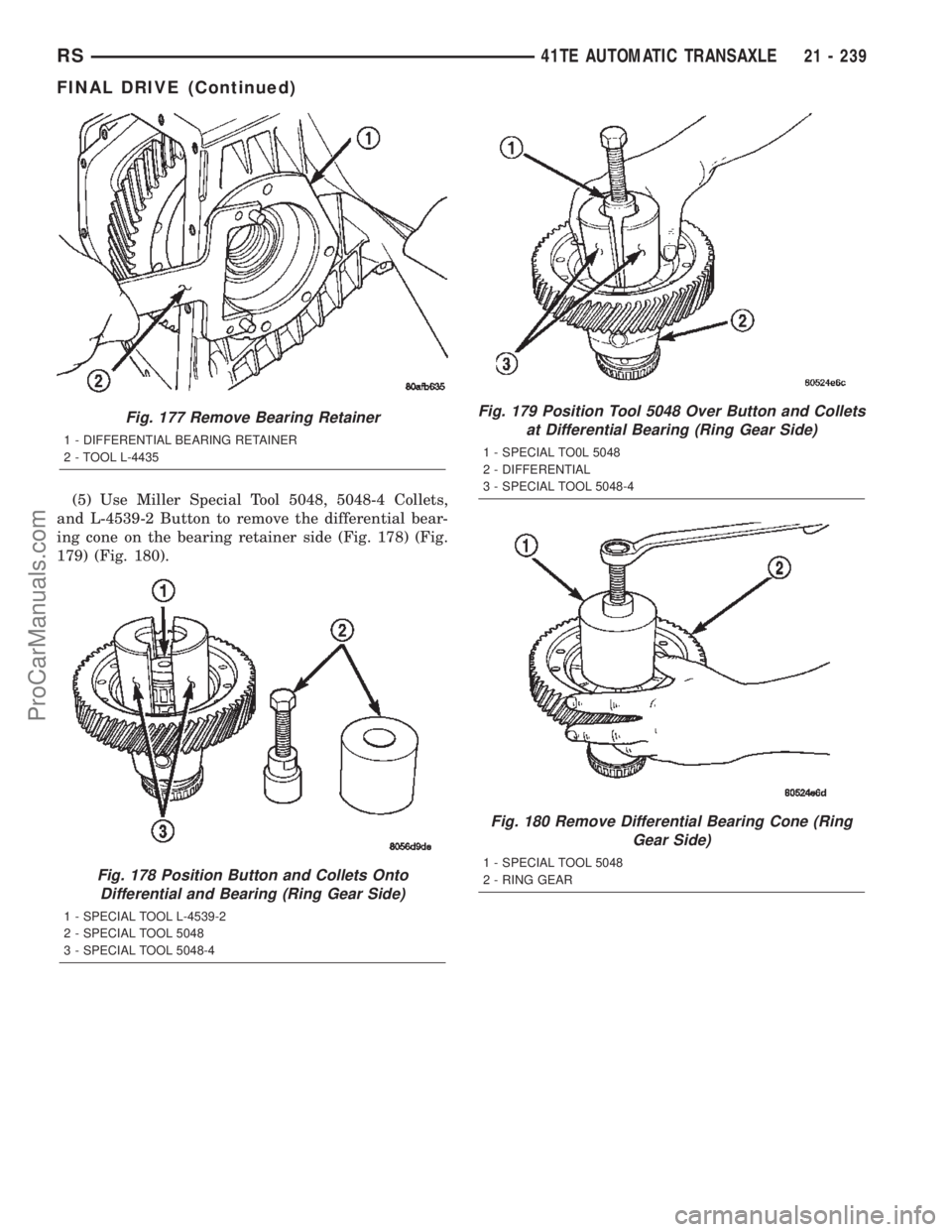 CHRYSLER TOWN AND COUNTRY 2002 Service Manual (5) Use Miller Special Tool 5048, 5048-4 Collets,
and L-4539-2 Button to remove the differential bear-
ing cone on the bearing retainer side (Fig. 178) (Fig.
179) (Fig. 180).
Fig. 177 Remove Bearing R CHRYSLER TOWN AND COUNTRY 2002 Service Manual (5) Use Miller Special Tool 5048, 5048-4 Collets,
and L-4539-2 Button to remove the differential bear-
ing cone on the bearing retainer side (Fig. 178) (Fig.
179) (Fig. 180).
Fig. 177 Remove Bearing R