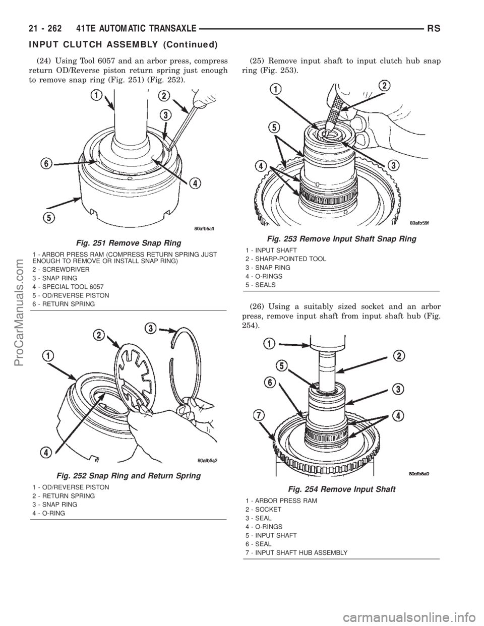 CHRYSLER TOWN AND COUNTRY 2002 Service Manual (24) Using Tool 6057 and an arbor press, compress
return OD/Reverse piston return spring just enough
to remove snap ring (Fig. 251) (Fig. 252).(25) Remove input shaft to input clutch hub snap
ring (Fi CHRYSLER TOWN AND COUNTRY 2002 Service Manual (24) Using Tool 6057 and an arbor press, compress
return OD/Reverse piston return spring just enough
to remove snap ring (Fig. 251) (Fig. 252).(25) Remove input shaft to input clutch hub snap
ring (Fi