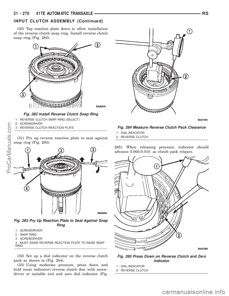 CHRYSLER TOWN AND COUNTRY 2002 Service Manual (30) Tap reaction plate down to allow installation
of the reverse clutch snap ring. Install reverse clutch
snap ring (Fig. 282).
(31) Pry up reverse reaction plate to seat against
snap ring (Fig. 283) CHRYSLER TOWN AND COUNTRY 2002 Service Manual (30) Tap reaction plate down to allow installation
of the reverse clutch snap ring. Install reverse clutch
snap ring (Fig. 282).
(31) Pry up reverse reaction plate to seat against
snap ring (Fig. 283)