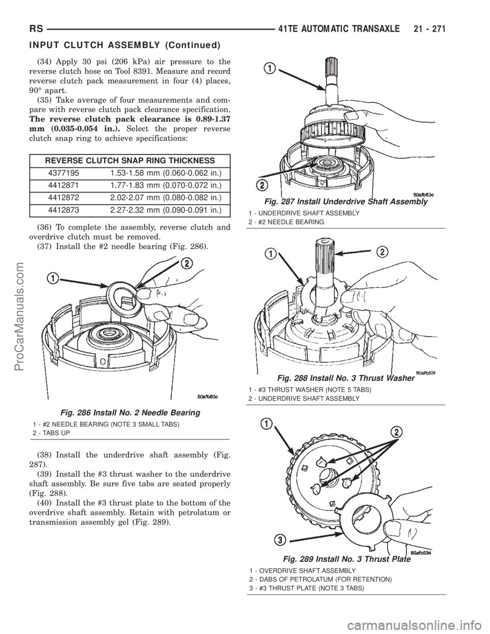 CHRYSLER TOWN AND COUNTRY 2002 Service Manual (34) Apply 30 psi (206 kPa) air pressure to the
reverse clutch hose on Tool 8391. Measure and record
reverse clutch pack measurement in four (4) places,
90É apart.
(35) Take average of four measureme CHRYSLER TOWN AND COUNTRY 2002 Service Manual (34) Apply 30 psi (206 kPa) air pressure to the
reverse clutch hose on Tool 8391. Measure and record
reverse clutch pack measurement in four (4) places,
90É apart.
(35) Take average of four measureme