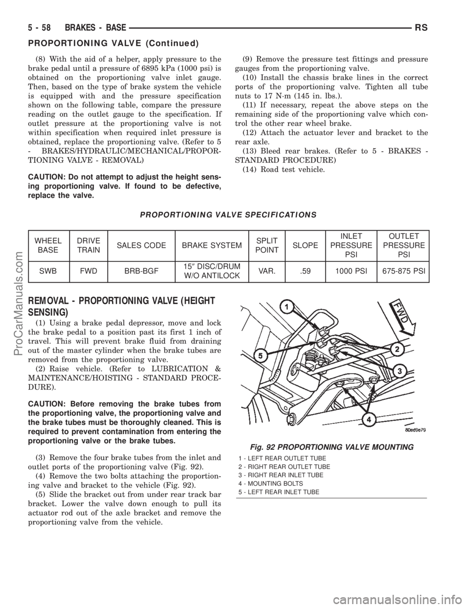 CHRYSLER TOWN AND COUNTRY 2002 Service Manual (8) With the aid of a helper, apply pressure to the
brake pedal until a pressure of 6895 kPa (1000 psi) is
obtained on the proportioning valve inlet gauge.
Then, based on the type of brake system the CHRYSLER TOWN AND COUNTRY 2002 Service Manual (8) With the aid of a helper, apply pressure to the
brake pedal until a pressure of 6895 kPa (1000 psi) is
obtained on the proportioning valve inlet gauge.
Then, based on the type of brake system the