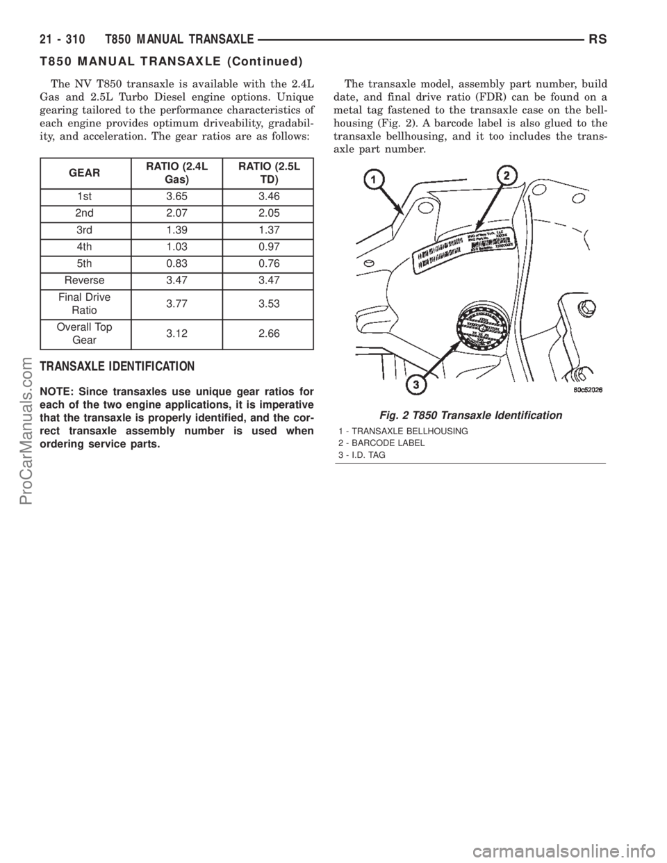 CHRYSLER TOWN AND COUNTRY 2002 Service Manual The NV T850 transaxle is available with the 2.4L
Gas and 2.5L Turbo Diesel engine options. Unique
gearing tailored to the performance characteristics of
each engine provides optimum driveability, grad CHRYSLER TOWN AND COUNTRY 2002 Service Manual The NV T850 transaxle is available with the 2.4L
Gas and 2.5L Turbo Diesel engine options. Unique
gearing tailored to the performance characteristics of
each engine provides optimum driveability, grad