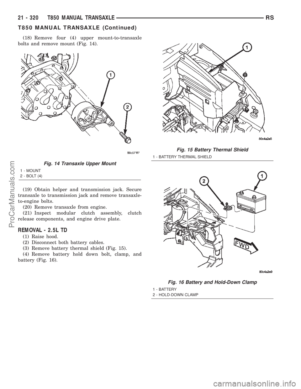 CHRYSLER TOWN AND COUNTRY 2002 Service Manual (18) Remove four (4) upper mount-to-transaxle
bolts and remove mount (Fig. 14).
(19) Obtain helper and transmission jack. Secure
transaxle to transmission jack and remove transaxle-
to-engine bolts.
( CHRYSLER TOWN AND COUNTRY 2002 Service Manual (18) Remove four (4) upper mount-to-transaxle
bolts and remove mount (Fig. 14).
(19) Obtain helper and transmission jack. Secure
transaxle to transmission jack and remove transaxle-
to-engine bolts.
(