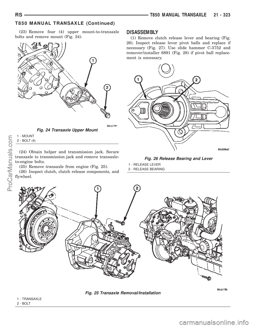 CHRYSLER TOWN AND COUNTRY 2002 Service Manual (23) Remove four (4) upper mount-to-transaxle
bolts and remove mount (Fig. 24).
(24) Obtain helper and transmission jack. Secure
transaxle to transmission jack and remove transaxle-
to-engine bolts.
( CHRYSLER TOWN AND COUNTRY 2002 Service Manual (23) Remove four (4) upper mount-to-transaxle
bolts and remove mount (Fig. 24).
(24) Obtain helper and transmission jack. Secure
transaxle to transmission jack and remove transaxle-
to-engine bolts.
(