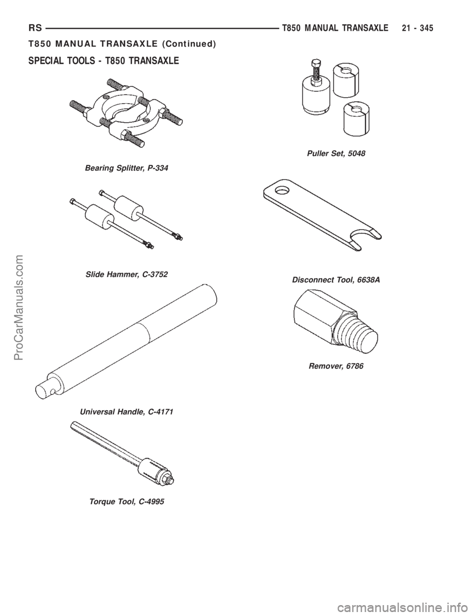 CHRYSLER TOWN AND COUNTRY 2002  Service Manual SPECIAL TOOLS - T850 TRANSAXLE
Bearing Splitter, P-334
Slide Hammer, C-3752
Universal Handle, C-4171
Torque Tool, C-4995
Puller Set, 5048
Disconnect Tool, 6638A
Remover, 6786
RST850 MANUAL TRANSAXLE21