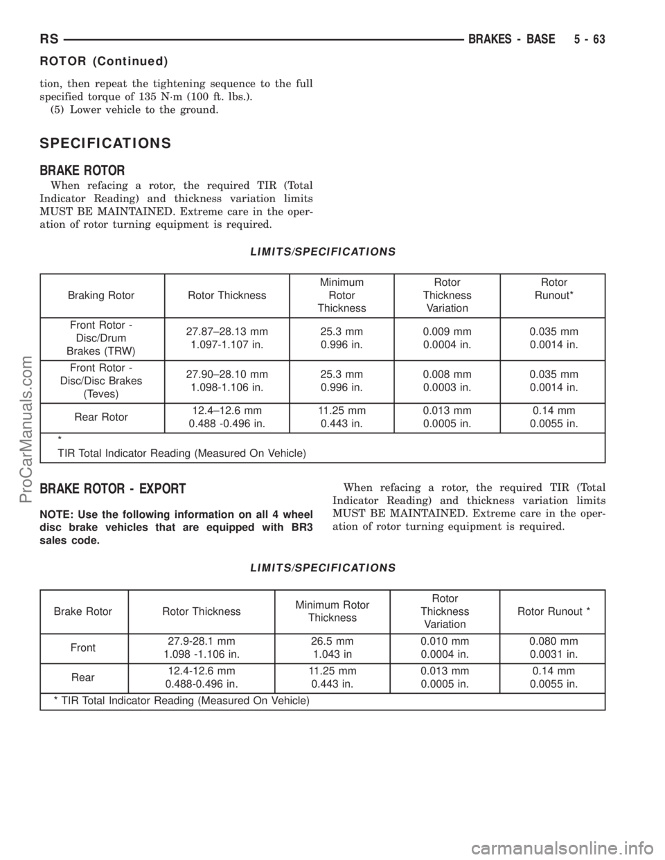 CHRYSLER TOWN AND COUNTRY 2002 Service Manual tion, then repeat the tightening sequence to the full
specified torque of 135 N´m (100 ft. lbs.).
(5) Lower vehicle to the ground.
SPECIFICATIONS
BRAKE ROTOR
When refacing a rotor, the required TIR ( CHRYSLER TOWN AND COUNTRY 2002 Service Manual tion, then repeat the tightening sequence to the full
specified torque of 135 N´m (100 ft. lbs.).
(5) Lower vehicle to the ground.
SPECIFICATIONS
BRAKE ROTOR
When refacing a rotor, the required TIR (