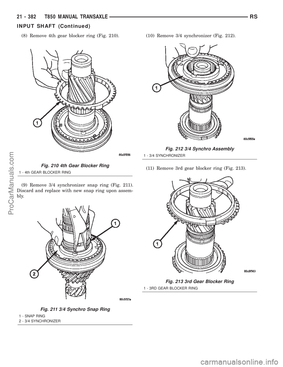 CHRYSLER TOWN AND COUNTRY 2002 Service Manual (8) Remove 4th gear blocker ring (Fig. 210).
(9) Remove 3/4 synchronizer snap ring (Fig. 211).
Discard and replace with new snap ring upon assem-
bly.(10) Remove 3/4 synchronizer (Fig. 212).
(11) Remo CHRYSLER TOWN AND COUNTRY 2002 Service Manual (8) Remove 4th gear blocker ring (Fig. 210).
(9) Remove 3/4 synchronizer snap ring (Fig. 211).
Discard and replace with new snap ring upon assem-
bly.(10) Remove 3/4 synchronizer (Fig. 212).
(11) Remo