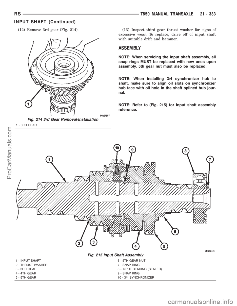 CHRYSLER TOWN AND COUNTRY 2002 Service Manual (12) Remove 3rd gear (Fig. 214). (13) Inspect third gear thrust washer for signs of
excessive wear. To replace, drive off of input shaft
with suitable drift and hammer.
ASSEMBLY
NOTE: When servicing t CHRYSLER TOWN AND COUNTRY 2002 Service Manual (12) Remove 3rd gear (Fig. 214). (13) Inspect third gear thrust washer for signs of
excessive wear. To replace, drive off of input shaft
with suitable drift and hammer.
ASSEMBLY
NOTE: When servicing t