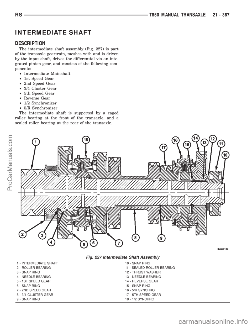 CHRYSLER TOWN AND COUNTRY 2002  Service Manual INTERMEDIATE SHAFT
DESCRIPTION
The intermediate shaft assembly (Fig. 227) is part
of the transaxle geartrain, meshes with and is driven
by the input shaft, drives the differential via an inte-
grated 