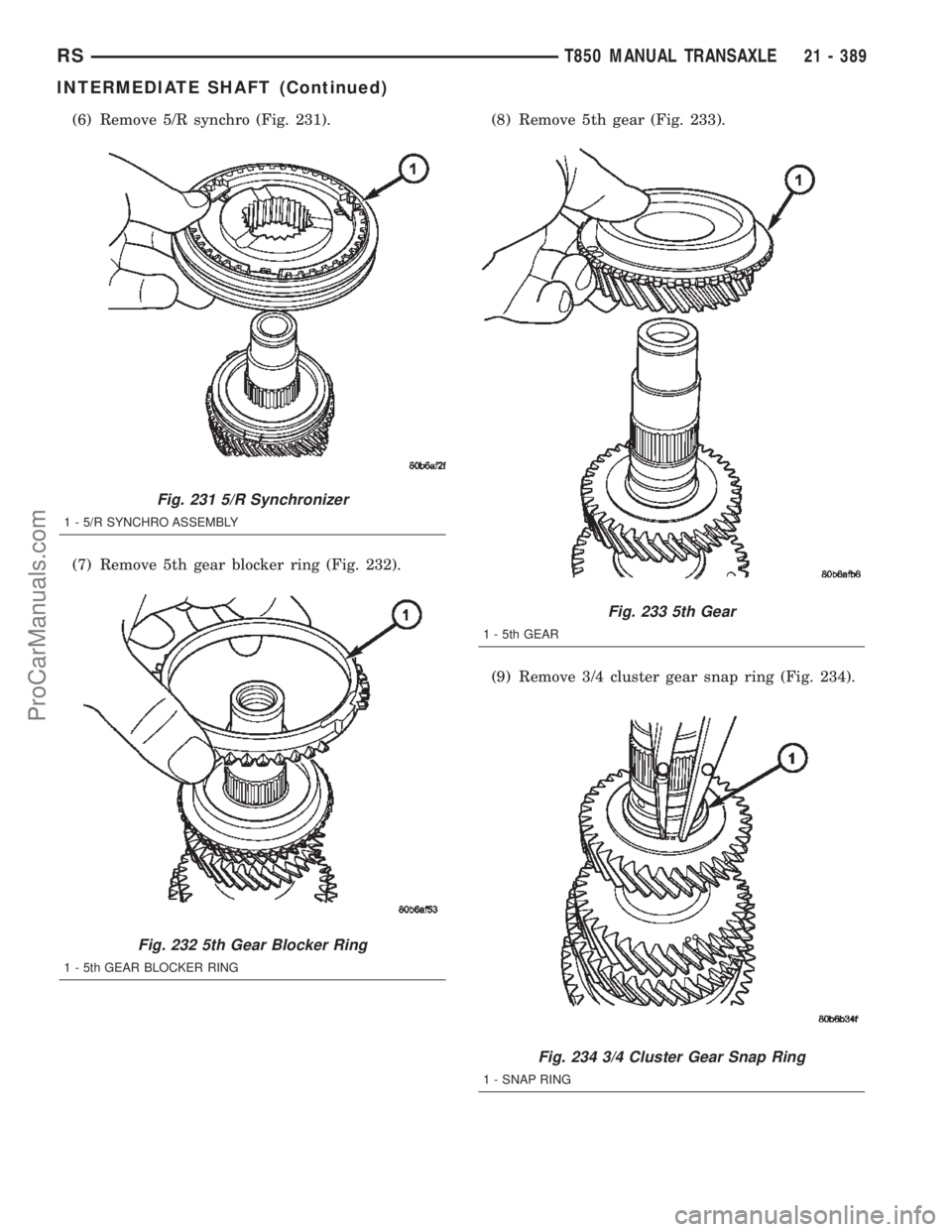 CHRYSLER TOWN AND COUNTRY 2002  Service Manual (6) Remove 5/R synchro (Fig. 231).
(7) Remove 5th gear blocker ring (Fig. 232).(8) Remove 5th gear (Fig. 233).
(9) Remove 3/4 cluster gear snap ring (Fig. 234).
Fig. 231 5/R Synchronizer
1 - 5/R SYNCH