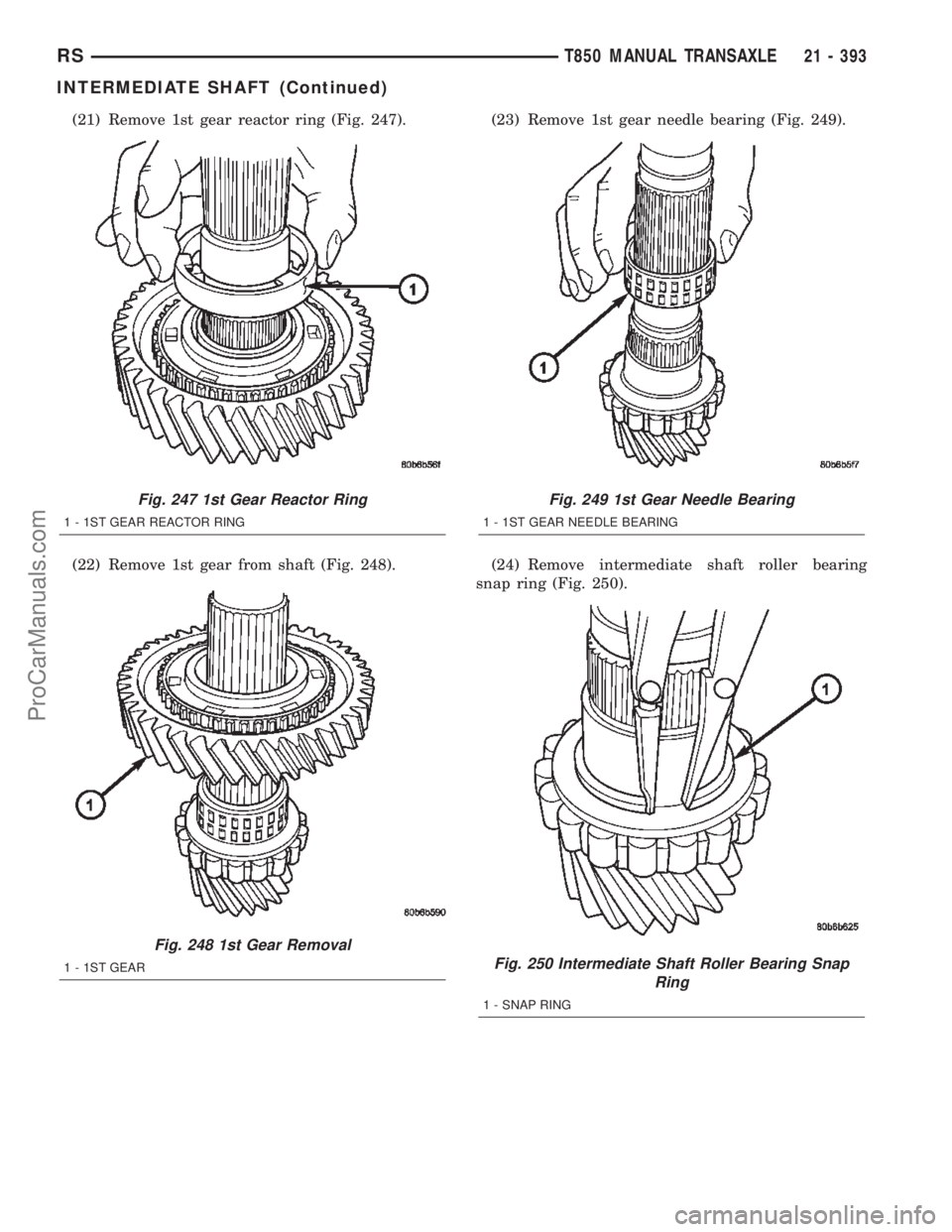 CHRYSLER TOWN AND COUNTRY 2002  Service Manual (21) Remove 1st gear reactor ring (Fig. 247).
(22) Remove 1st gear from shaft (Fig. 248).(23) Remove 1st gear needle bearing (Fig. 249).
(24) Remove intermediate shaft roller bearing
snap ring (Fig. 2