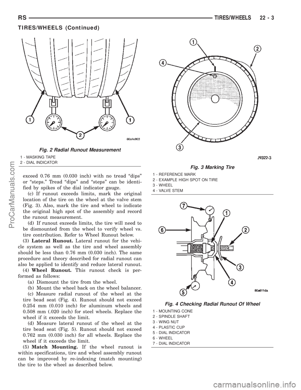 CHRYSLER TOWN AND COUNTRY 2002 Owners Manual exceed 0.76 mm (0.030 inch) with no tread ªdipsº
or ªsteps.º Tread ªdipsº and ªstepsº can be identi-
fied by spikes of the dial indicator gauge.
(c) If runout exceeds limits, mark the original CHRYSLER TOWN AND COUNTRY 2002 Owners Manual exceed 0.76 mm (0.030 inch) with no tread ªdipsº
or ªsteps.º Tread ªdipsº and ªstepsº can be identi-
fied by spikes of the dial indicator gauge.
(c) If runout exceeds limits, mark the original