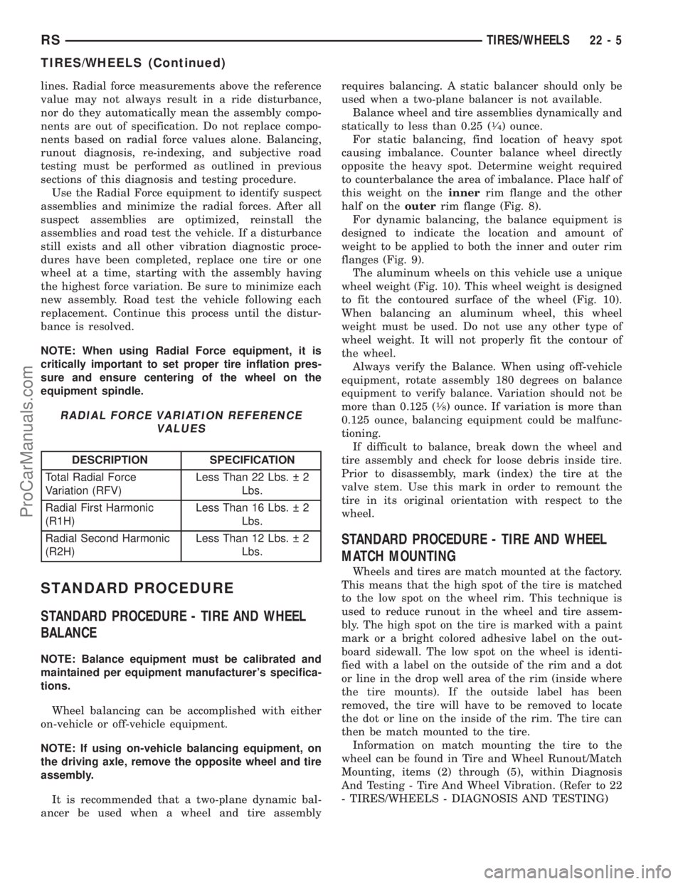 CHRYSLER TOWN AND COUNTRY 2002 Owners Manual lines. Radial force measurements above the reference
value may not always result in a ride disturbance,
nor do they automatically mean the assembly compo-
nents are out of specification. Do not replac CHRYSLER TOWN AND COUNTRY 2002 Owners Manual lines. Radial force measurements above the reference
value may not always result in a ride disturbance,
nor do they automatically mean the assembly compo-
nents are out of specification. Do not replac