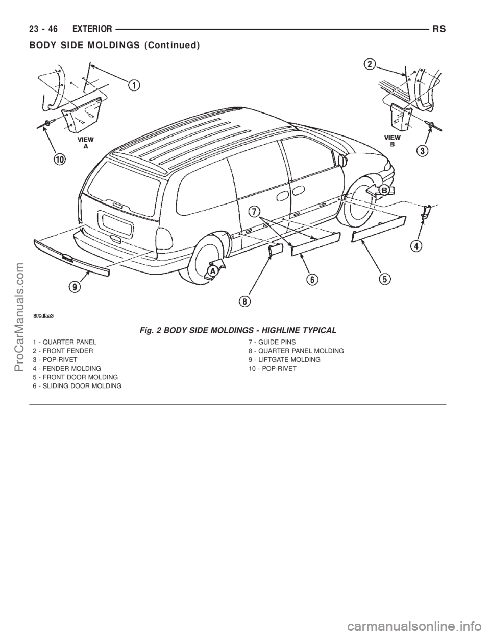 CHRYSLER TOWN AND COUNTRY 2002 Service Manual Fig. 2 BODY SIDE MOLDINGS - HIGHLINE TYPICAL
1 - QUARTER PANEL
2 - FRONT FENDER
3 - POP-RIVET
4 - FENDER MOLDING
5 - FRONT DOOR MOLDING
6 - SLIDING DOOR MOLDING7 - GUIDE PINS
8 - QUARTER PANEL MOLDING CHRYSLER TOWN AND COUNTRY 2002 Service Manual Fig. 2 BODY SIDE MOLDINGS - HIGHLINE TYPICAL
1 - QUARTER PANEL
2 - FRONT FENDER
3 - POP-RIVET
4 - FENDER MOLDING
5 - FRONT DOOR MOLDING
6 - SLIDING DOOR MOLDING7 - GUIDE PINS
8 - QUARTER PANEL MOLDING