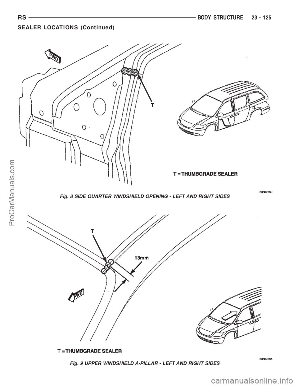 CHRYSLER TOWN AND COUNTRY 2002 Service Manual Fig. 8 SIDE QUARTER WINDSHIELD OPENING - LEFT AND RIGHT SIDES
Fig. 9 UPPER WINDSHIELD A-PILLAR - LEFT AND RIGHT SIDES
RSBODY STRUCTURE23 - 125
SEALER LOCATIONS (Continued)
ProCarManuals.com CHRYSLER TOWN AND COUNTRY 2002 Service Manual Fig. 8 SIDE QUARTER WINDSHIELD OPENING - LEFT AND RIGHT SIDES
Fig. 9 UPPER WINDSHIELD A-PILLAR - LEFT AND RIGHT SIDES
RSBODY STRUCTURE23 - 125
SEALER LOCATIONS (Continued)
ProCarManuals.com
