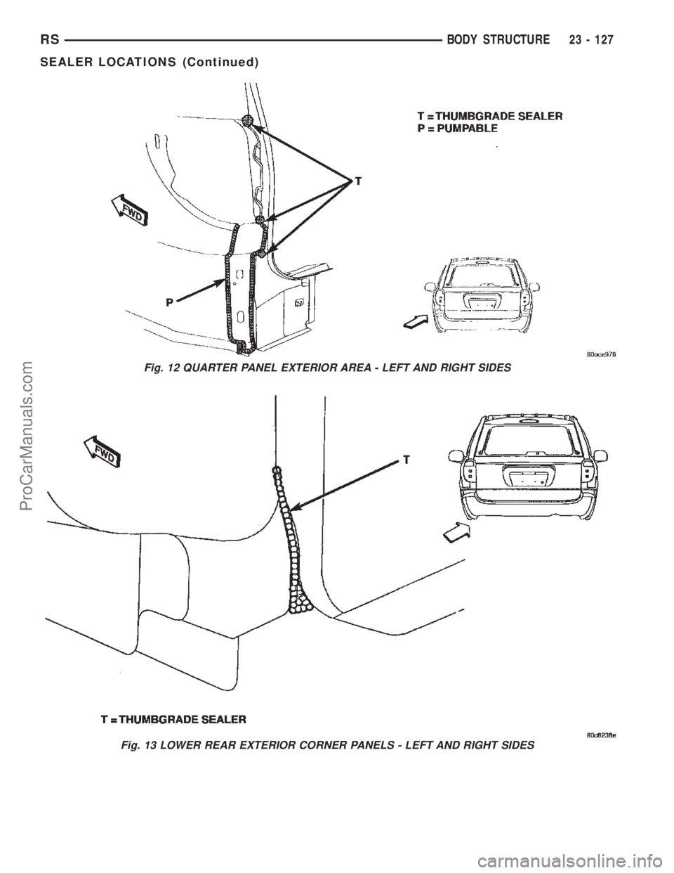 CHRYSLER TOWN AND COUNTRY 2002 Service Manual Fig. 12 QUARTER PANEL EXTERIOR AREA - LEFT AND RIGHT SIDES
Fig. 13 LOWER REAR EXTERIOR CORNER PANELS - LEFT AND RIGHT SIDES
RSBODY STRUCTURE23 - 127
SEALER LOCATIONS (Continued)
ProCarManuals.com CHRYSLER TOWN AND COUNTRY 2002 Service Manual Fig. 12 QUARTER PANEL EXTERIOR AREA - LEFT AND RIGHT SIDES
Fig. 13 LOWER REAR EXTERIOR CORNER PANELS - LEFT AND RIGHT SIDES
RSBODY STRUCTURE23 - 127
SEALER LOCATIONS (Continued)
ProCarManuals.com