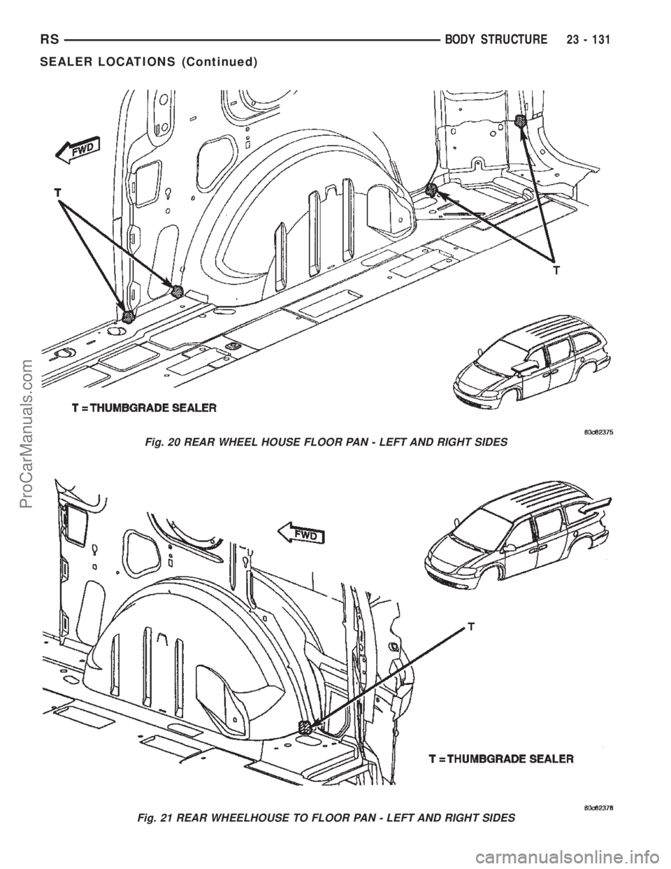 CHRYSLER TOWN AND COUNTRY 2002 Service Manual Fig. 20 REAR WHEEL HOUSE FLOOR PAN - LEFT AND RIGHT SIDES
Fig. 21 REAR WHEELHOUSE TO FLOOR PAN - LEFT AND RIGHT SIDES
RSBODY STRUCTURE23 - 131
SEALER LOCATIONS (Continued)
ProCarManuals.com CHRYSLER TOWN AND COUNTRY 2002 Service Manual Fig. 20 REAR WHEEL HOUSE FLOOR PAN - LEFT AND RIGHT SIDES
Fig. 21 REAR WHEELHOUSE TO FLOOR PAN - LEFT AND RIGHT SIDES
RSBODY STRUCTURE23 - 131
SEALER LOCATIONS (Continued)
ProCarManuals.com