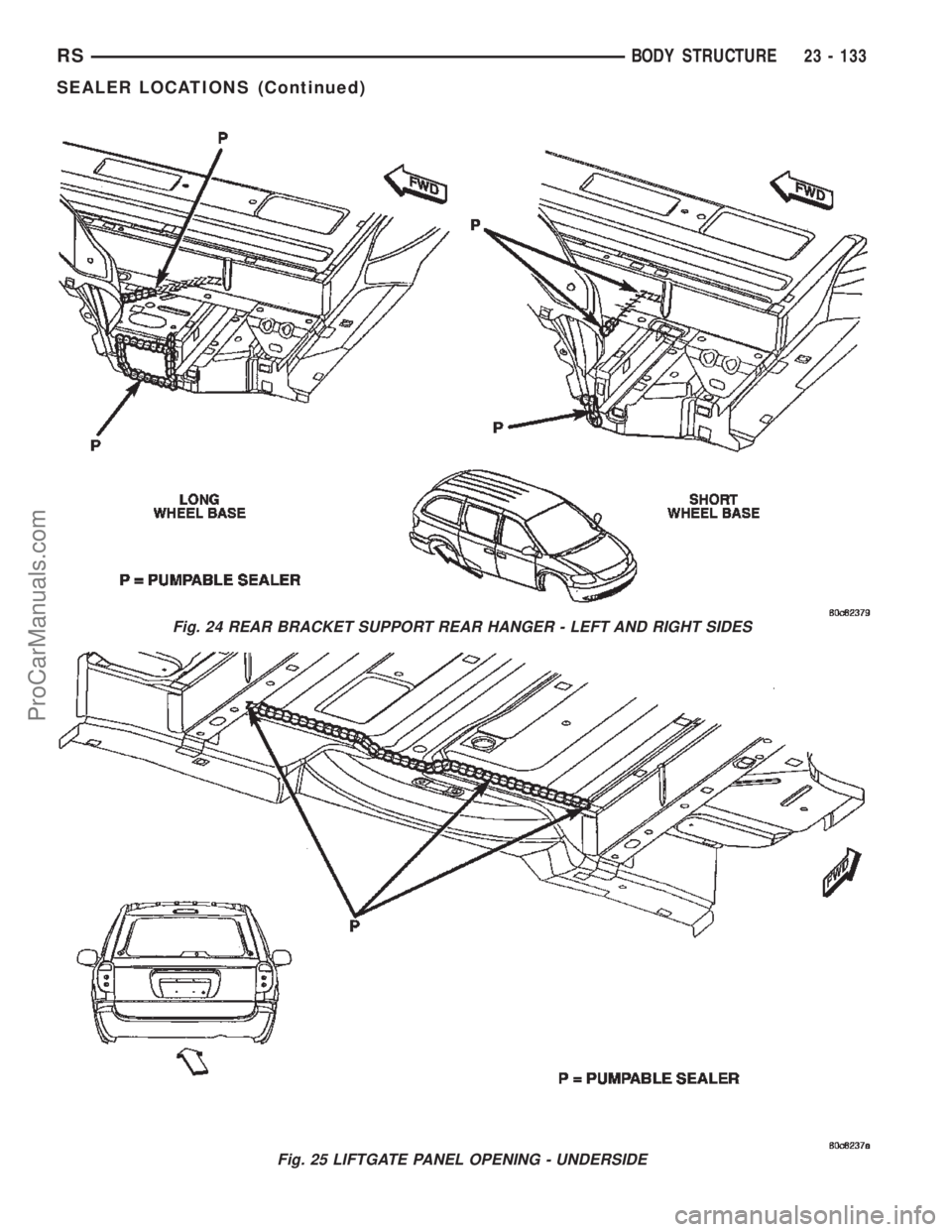 CHRYSLER TOWN AND COUNTRY 2002 Service Manual Fig. 24 REAR BRACKET SUPPORT REAR HANGER - LEFT AND RIGHT SIDES
Fig. 25 LIFTGATE PANEL OPENING - UNDERSIDE
RSBODY STRUCTURE23 - 133
SEALER LOCATIONS (Continued)
ProCarManuals.com CHRYSLER TOWN AND COUNTRY 2002 Service Manual Fig. 24 REAR BRACKET SUPPORT REAR HANGER - LEFT AND RIGHT SIDES
Fig. 25 LIFTGATE PANEL OPENING - UNDERSIDE
RSBODY STRUCTURE23 - 133
SEALER LOCATIONS (Continued)
ProCarManuals.com