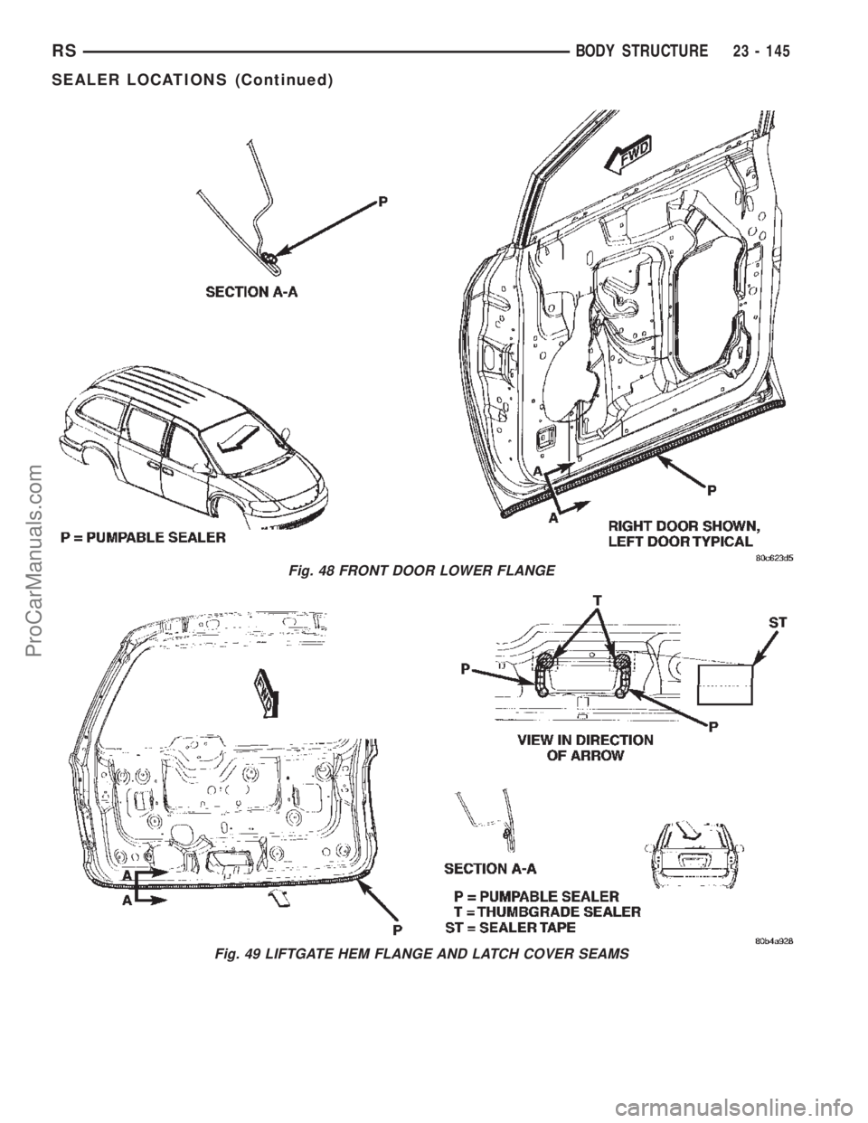 CHRYSLER TOWN AND COUNTRY 2002 Service Manual Fig. 48 FRONT DOOR LOWER FLANGE
Fig. 49 LIFTGATE HEM FLANGE AND LATCH COVER SEAMS
RSBODY STRUCTURE23 - 145
SEALER LOCATIONS (Continued)
ProCarManuals.com CHRYSLER TOWN AND COUNTRY 2002 Service Manual Fig. 48 FRONT DOOR LOWER FLANGE
Fig. 49 LIFTGATE HEM FLANGE AND LATCH COVER SEAMS
RSBODY STRUCTURE23 - 145
SEALER LOCATIONS (Continued)
ProCarManuals.com