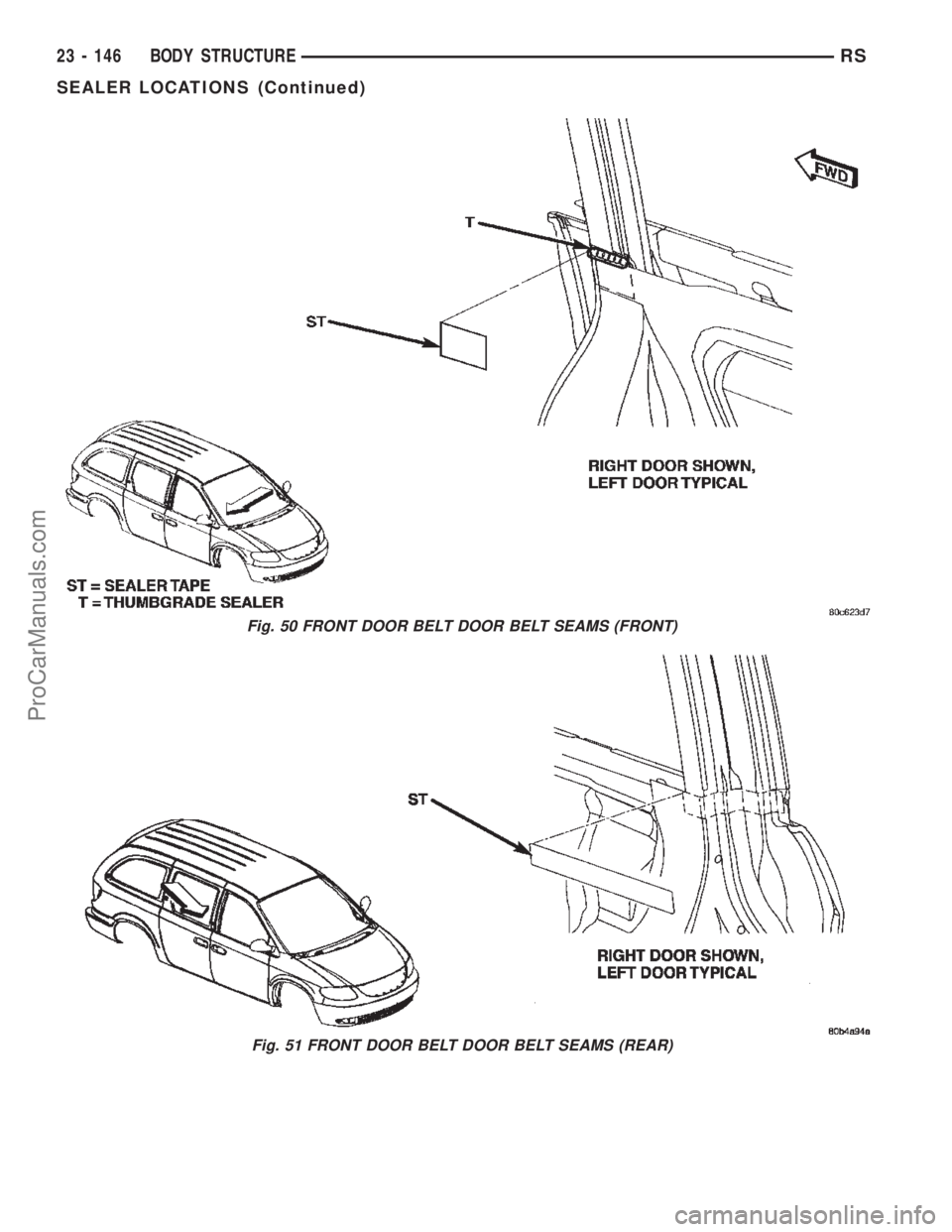 CHRYSLER TOWN AND COUNTRY 2002 Service Manual Fig. 50 FRONT DOOR BELT DOOR BELT SEAMS (FRONT)
Fig. 51 FRONT DOOR BELT DOOR BELT SEAMS (REAR)
23 - 146 BODY STRUCTURERS
SEALER LOCATIONS (Continued)
ProCarManuals.com CHRYSLER TOWN AND COUNTRY 2002 Service Manual Fig. 50 FRONT DOOR BELT DOOR BELT SEAMS (FRONT)
Fig. 51 FRONT DOOR BELT DOOR BELT SEAMS (REAR)
23 - 146 BODY STRUCTURERS
SEALER LOCATIONS (Continued)
ProCarManuals.com