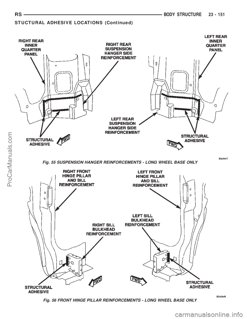 CHRYSLER TOWN AND COUNTRY 2002  Service Manual Fig. 55 SUSPENSION HANGER REINFORCEMENTS - LONG WHEEL BASE ONLY
Fig. 56 FRONT HINGE PILLAR REINFORCEMENTS - LONG WHEEL BASE ONLY
RSBODY STRUCTURE23 - 151
STUCTURAL ADHESIVE LOCATIONS (Continued)
ProCa