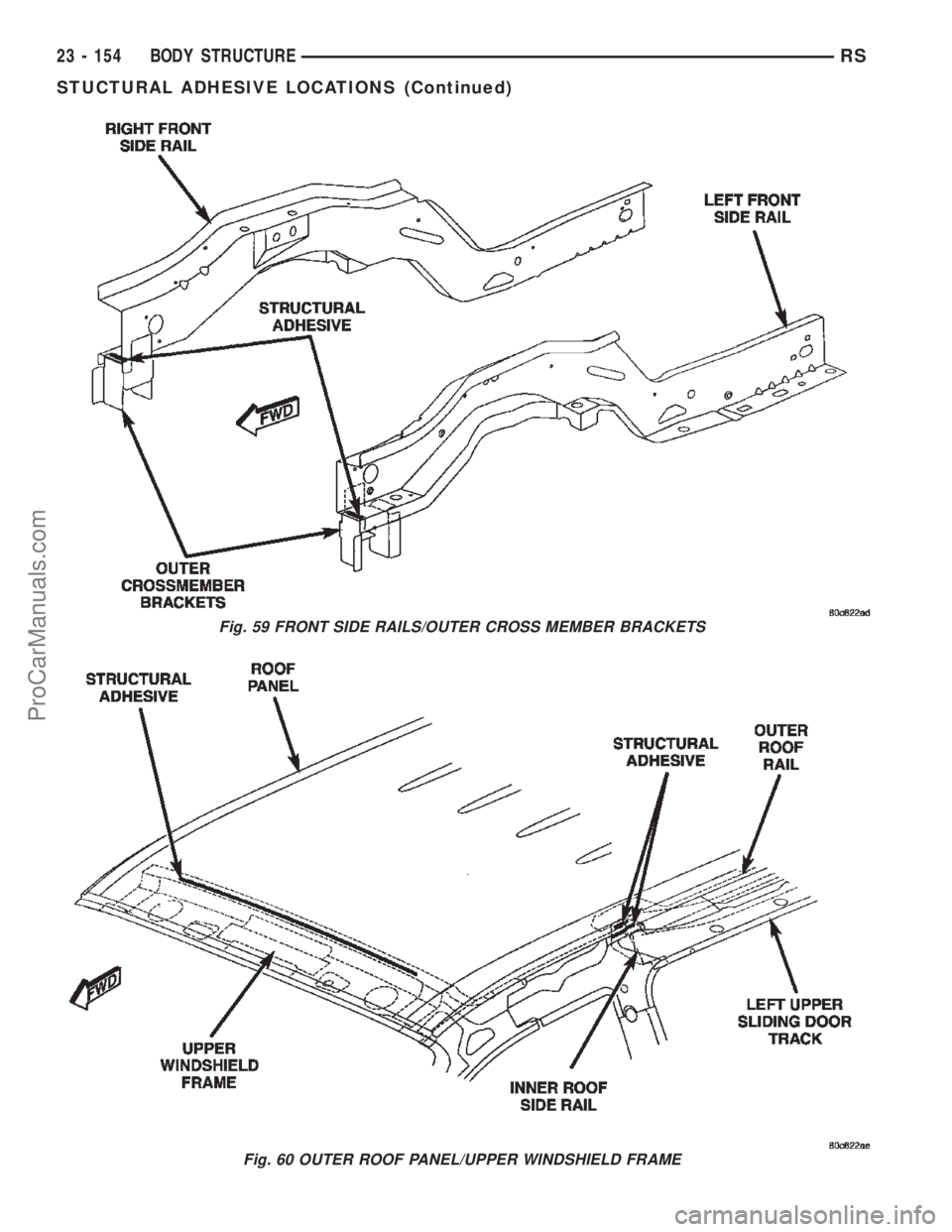 CHRYSLER TOWN AND COUNTRY 2002  Service Manual Fig. 59 FRONT SIDE RAILS/OUTER CROSS MEMBER BRACKETS
Fig. 60 OUTER ROOF PANEL/UPPER WINDSHIELD FRAME
23 - 154 BODY STRUCTURERS
STUCTURAL ADHESIVE LOCATIONS (Continued)
ProCarManuals.com 