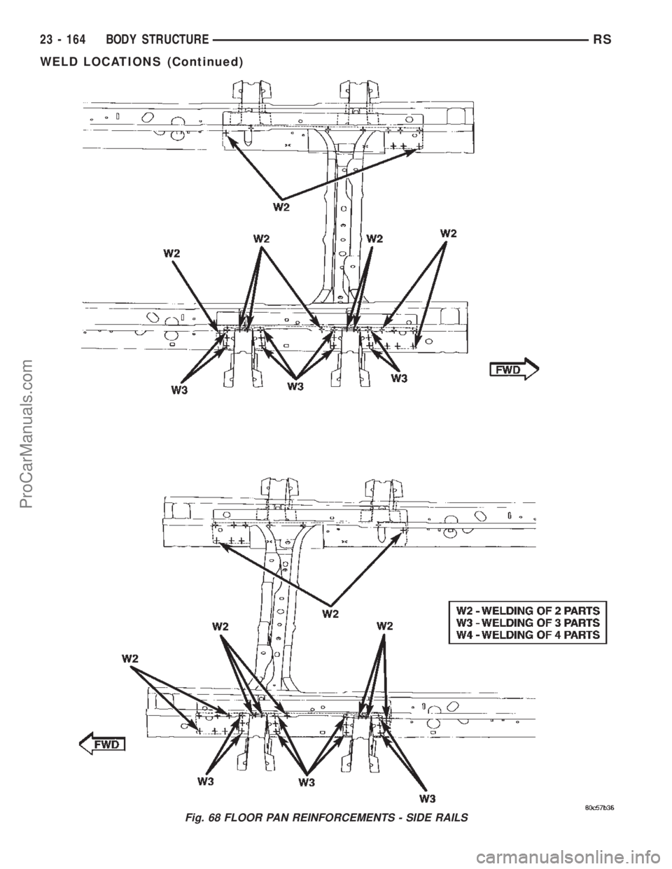CHRYSLER TOWN AND COUNTRY 2002 Service Manual Fig. 68 FLOOR PAN REINFORCEMENTS - SIDE RAILS
23 - 164 BODY STRUCTURERS
WELD LOCATIONS (Continued)
ProCarManuals.com CHRYSLER TOWN AND COUNTRY 2002 Service Manual Fig. 68 FLOOR PAN REINFORCEMENTS - SIDE RAILS
23 - 164 BODY STRUCTURERS
WELD LOCATIONS (Continued)
ProCarManuals.com