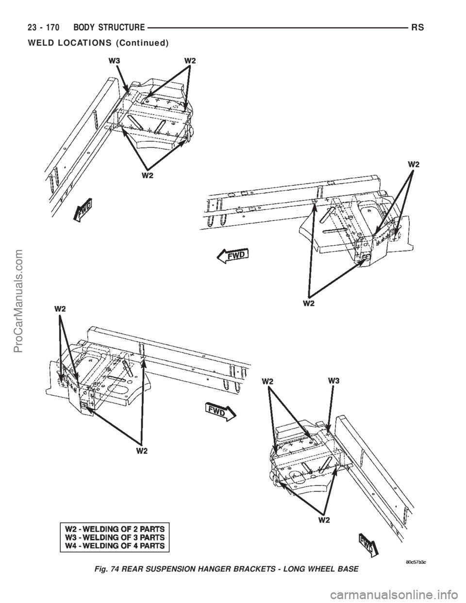 CHRYSLER TOWN AND COUNTRY 2002 Service Manual Fig. 74 REAR SUSPENSION HANGER BRACKETS - LONG WHEEL BASE
23 - 170 BODY STRUCTURERS
WELD LOCATIONS (Continued)
ProCarManuals.com CHRYSLER TOWN AND COUNTRY 2002 Service Manual Fig. 74 REAR SUSPENSION HANGER BRACKETS - LONG WHEEL BASE
23 - 170 BODY STRUCTURERS
WELD LOCATIONS (Continued)
ProCarManuals.com